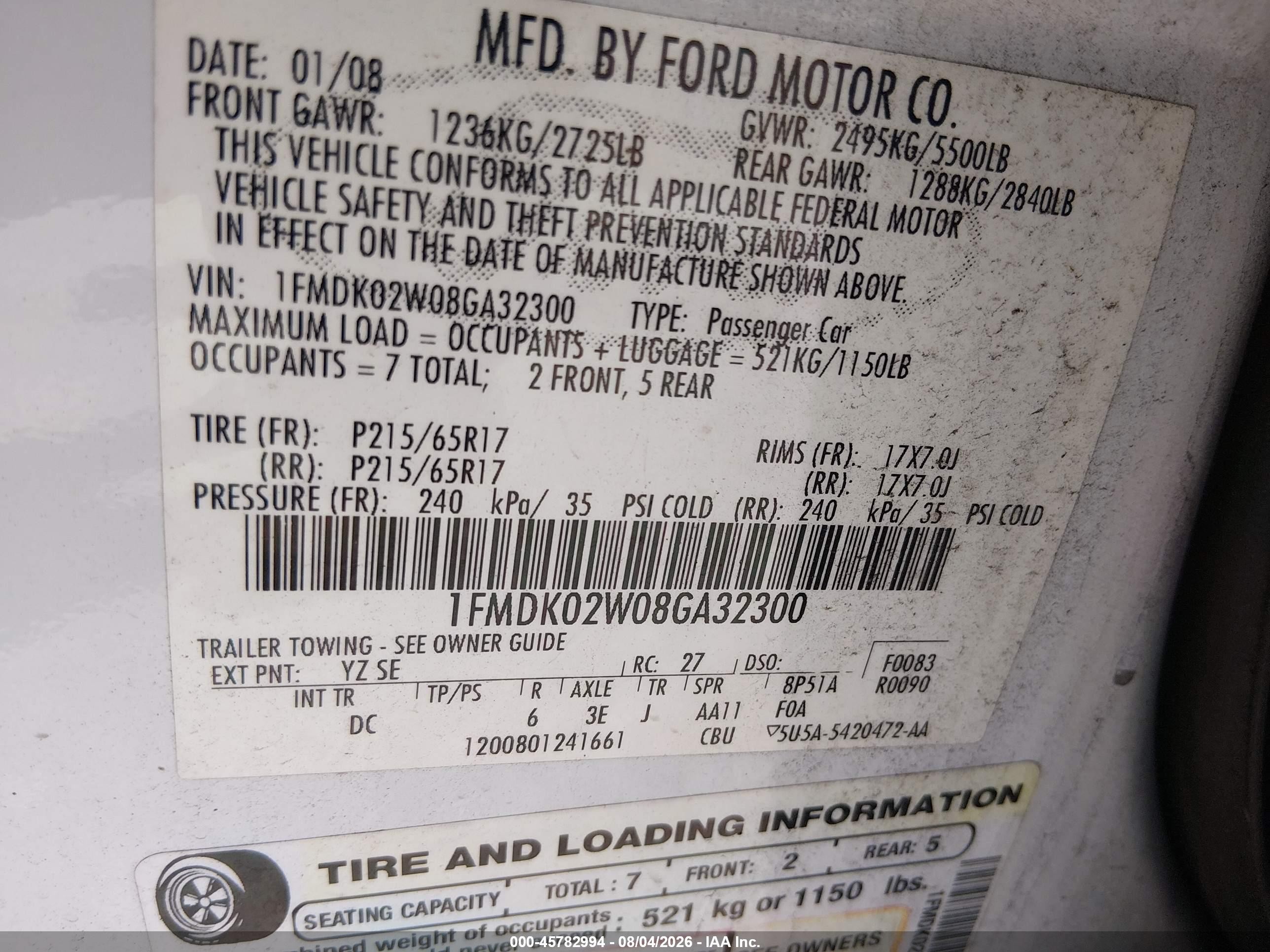 2008 Ford Taurus X Sel White vin: 1FMDK02W08GA32300