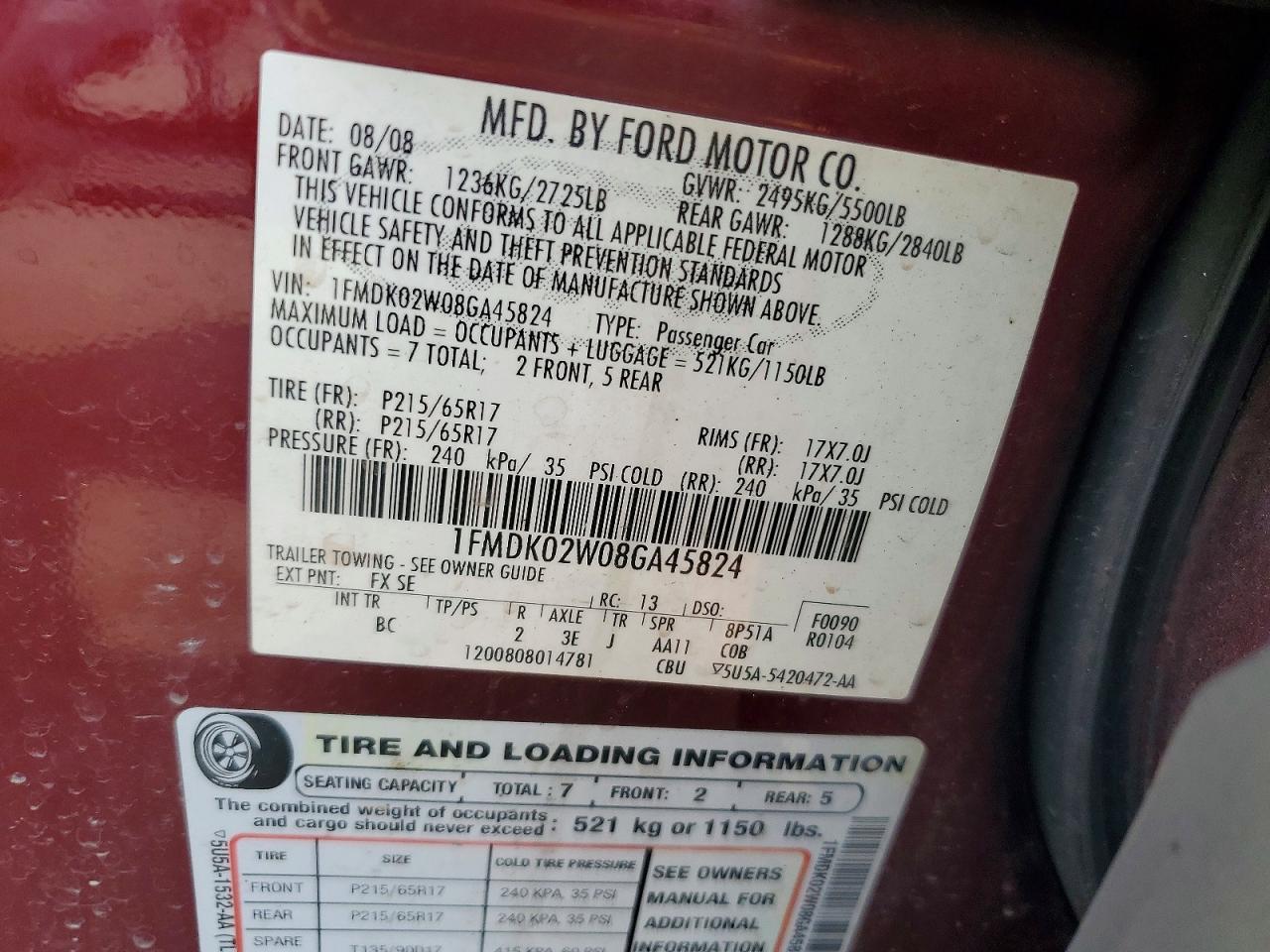 2008 Ford Taurus X Sel Red vin: 1FMDK02W08GA45824