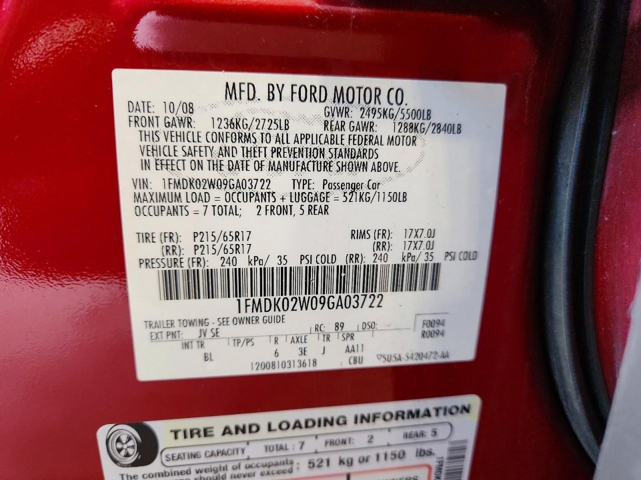 2009 Ford Taurus X Sel Red vin: 1FMDK02W09GA03722