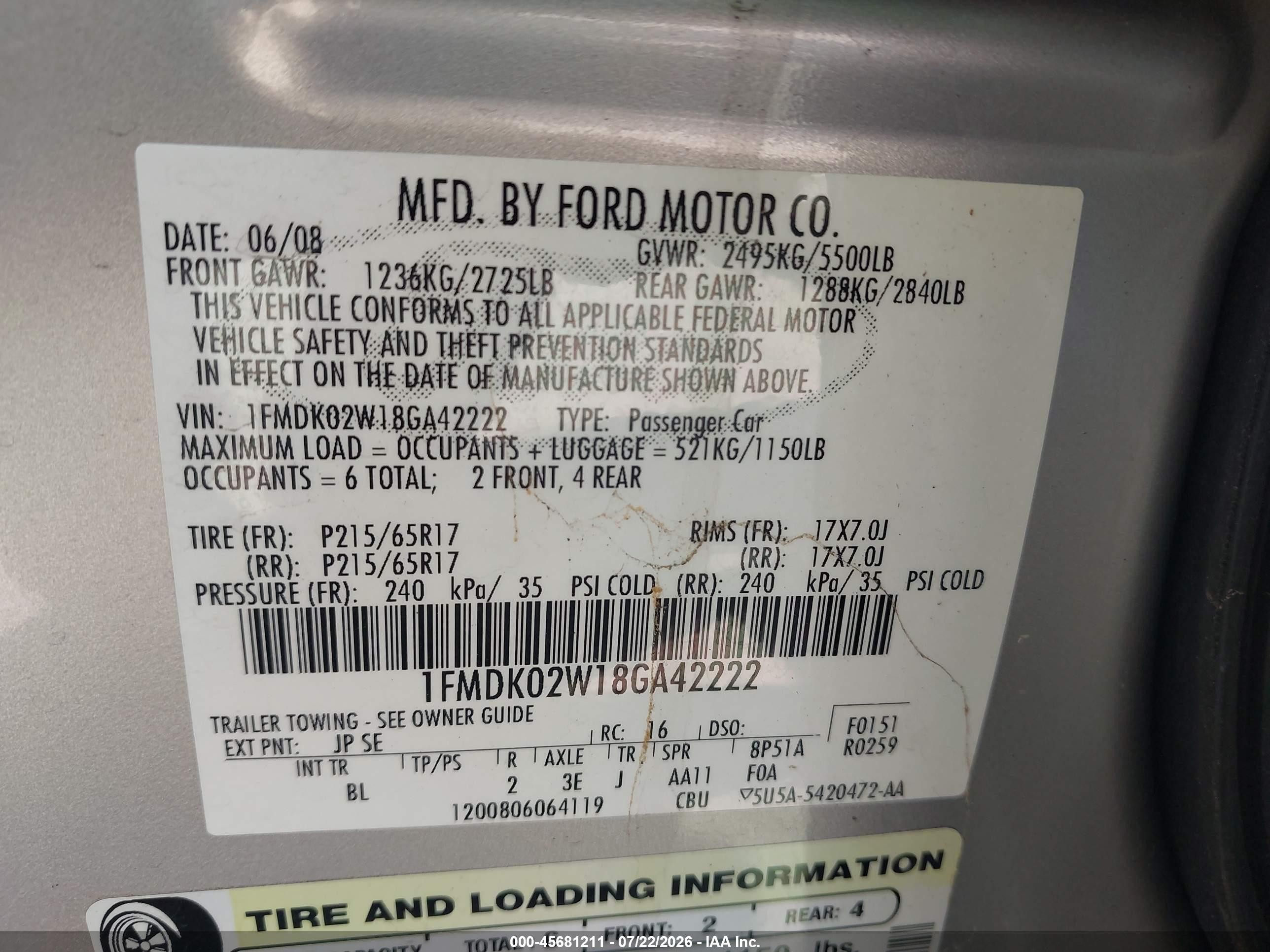2008 Ford Taurus X Sel Золотой vin: 1FMDK02W18GA42222