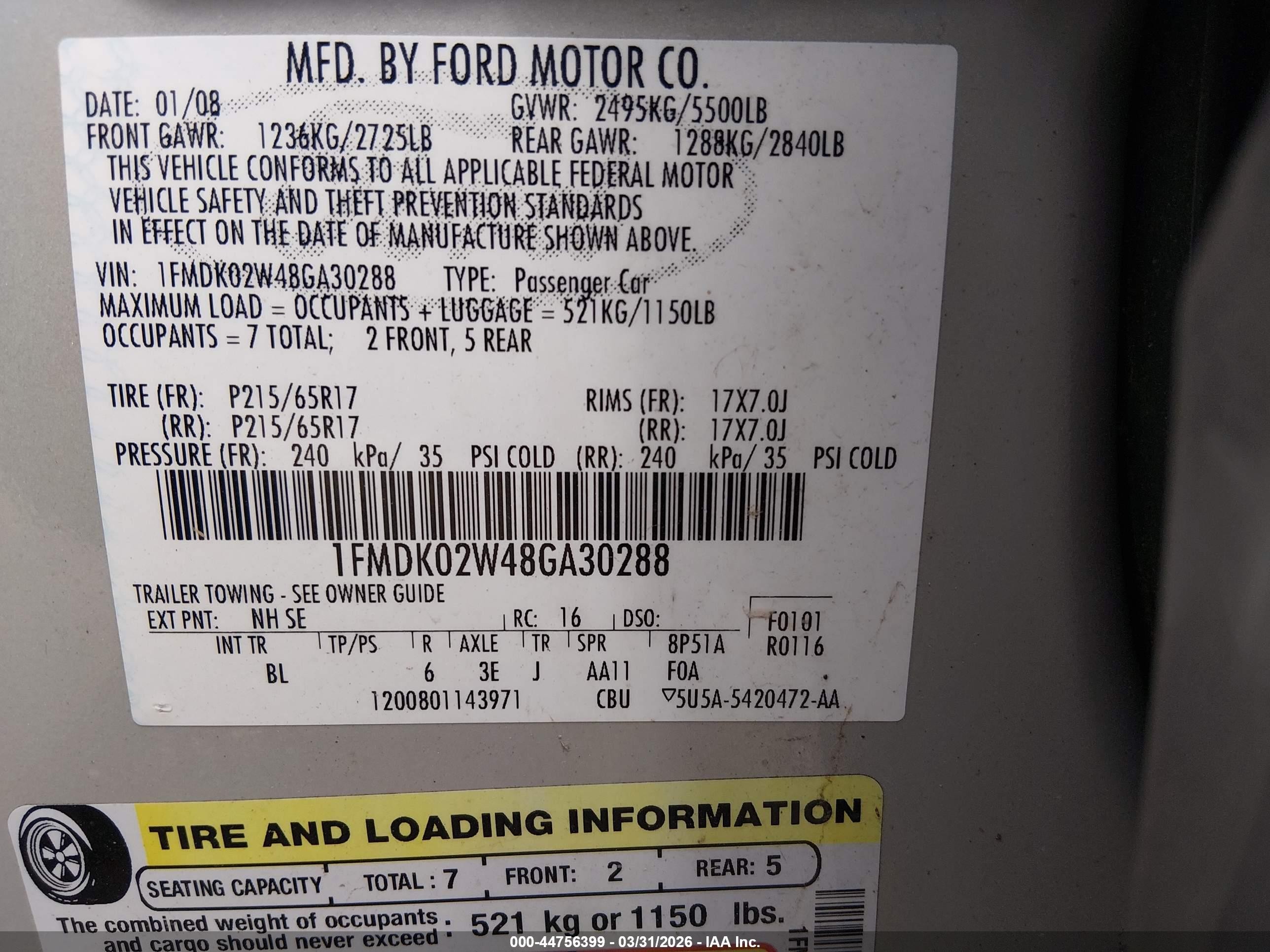 2008 Ford Taurus X Sel Gold vin: 1FMDK02W48GA30288