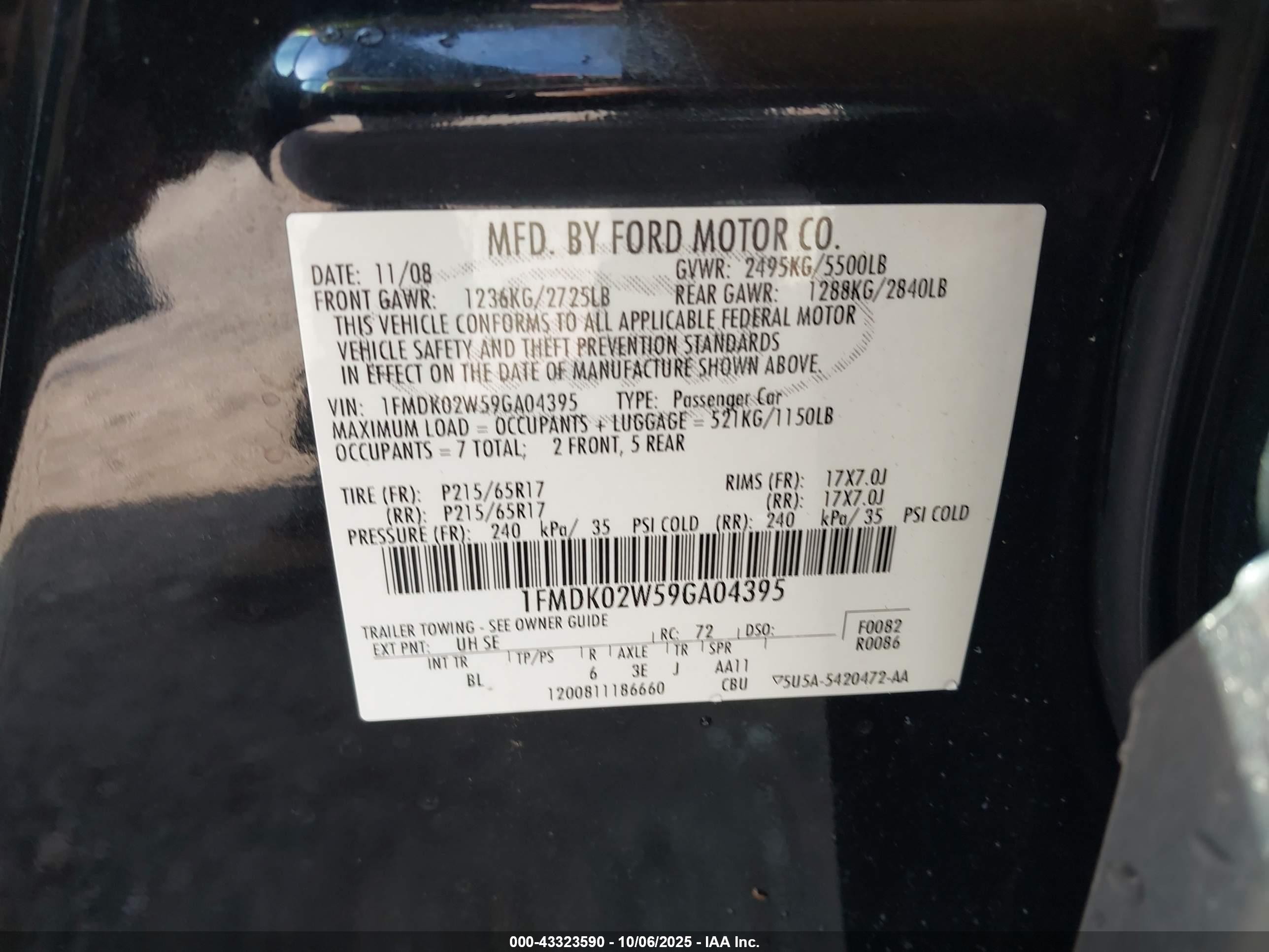2009 Ford Taurus X Sel Black vin: 1FMDK02W59GA04395