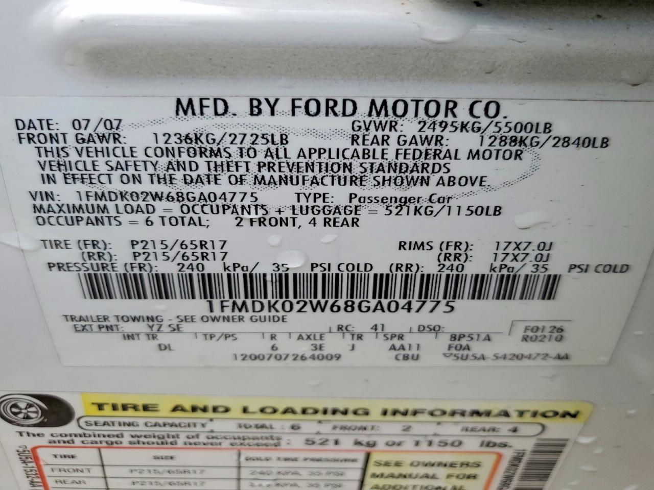 2008 Ford Taurus X Sel White vin: 1FMDK02W68GA04775