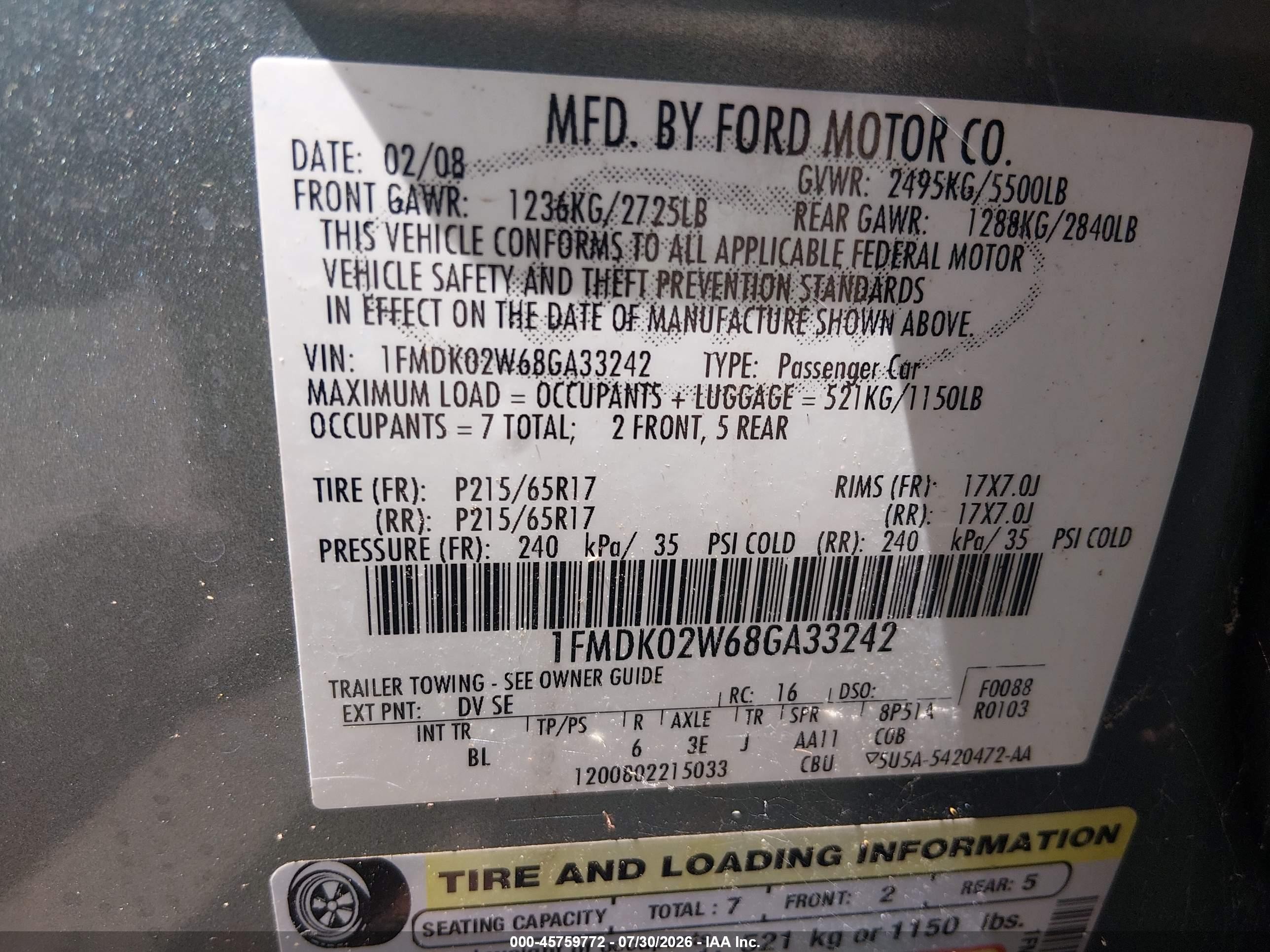 2008 Ford Taurus X Sel Зеленый vin: 1FMDK02W68GA33242