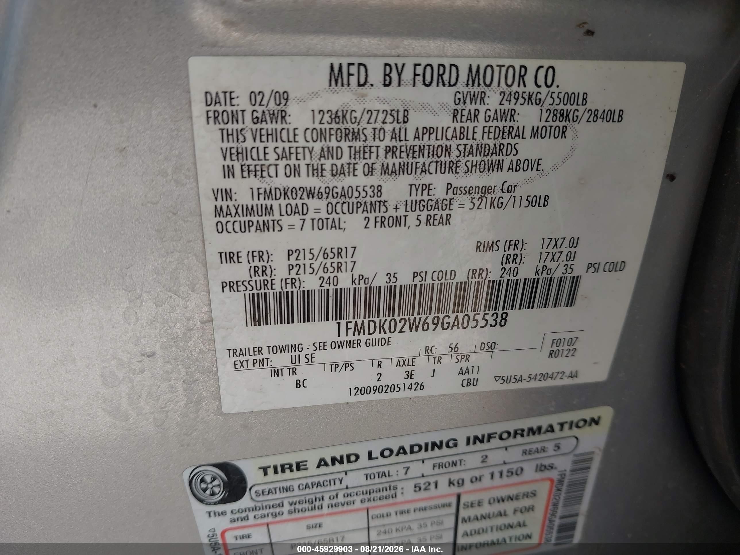 2009 Ford Taurus X Sel Silver vin: 1FMDK02W69GA05538