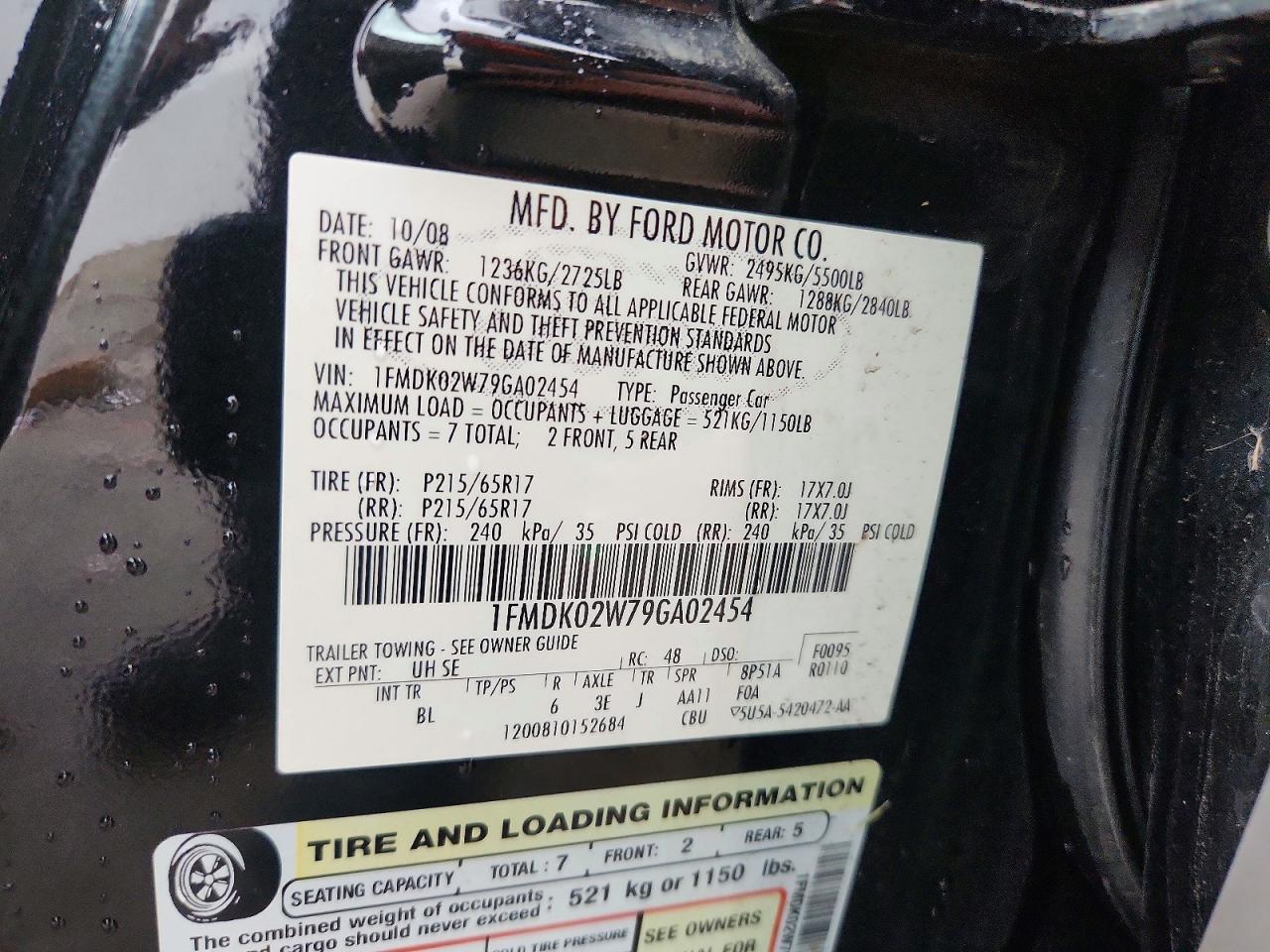 2009 Ford Taurus X Sel Black vin: 1FMDK02W79GA02454