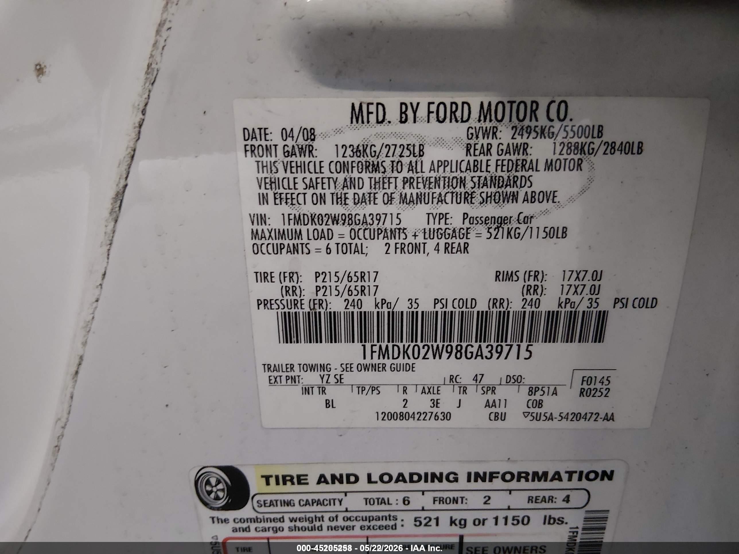 2008 Ford Taurus X Sel White vin: 1FMDK02W98GA39715