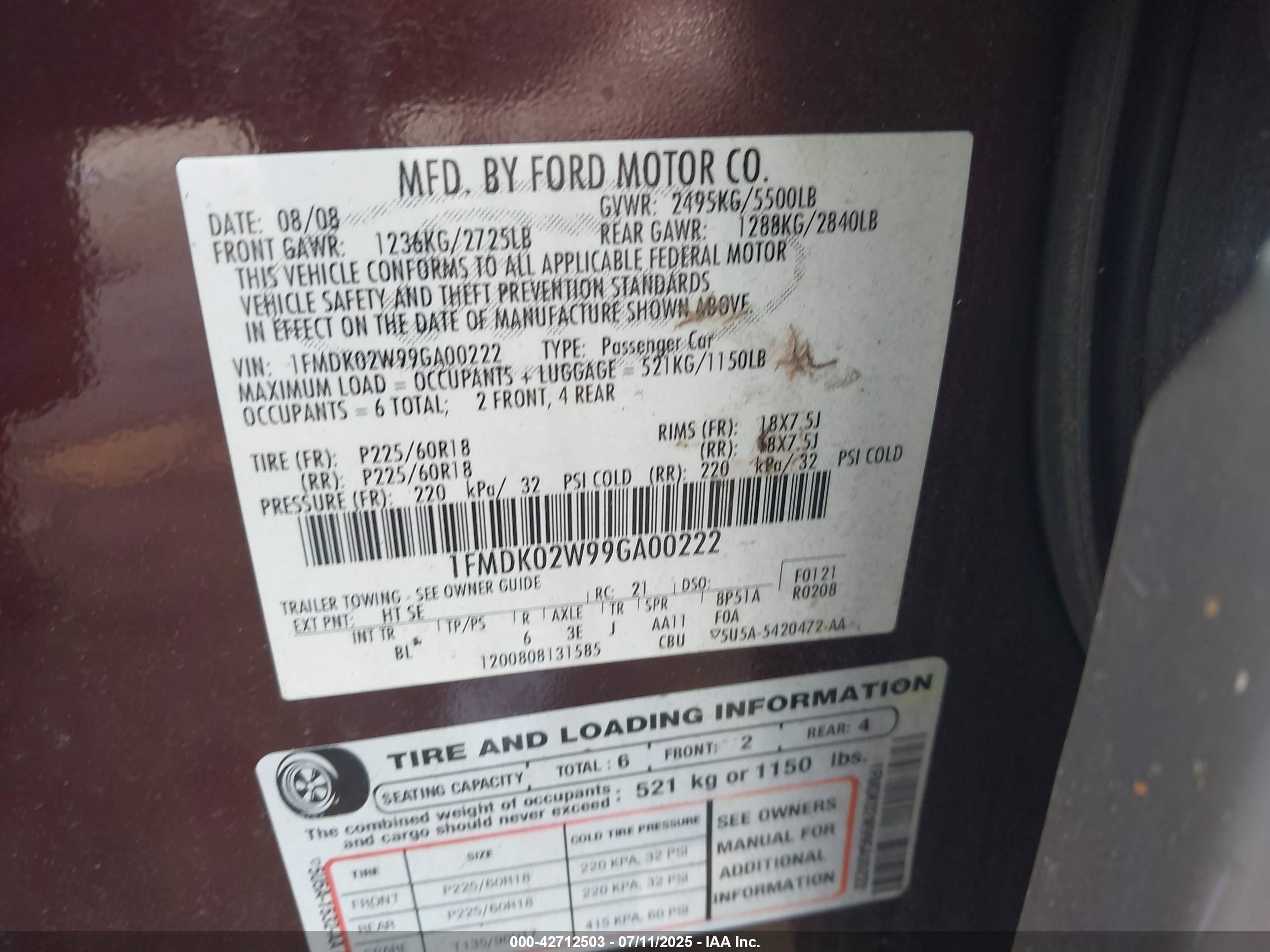 2009 Ford Taurus X Sel Maroon vin: 1FMDK02W99GA00222