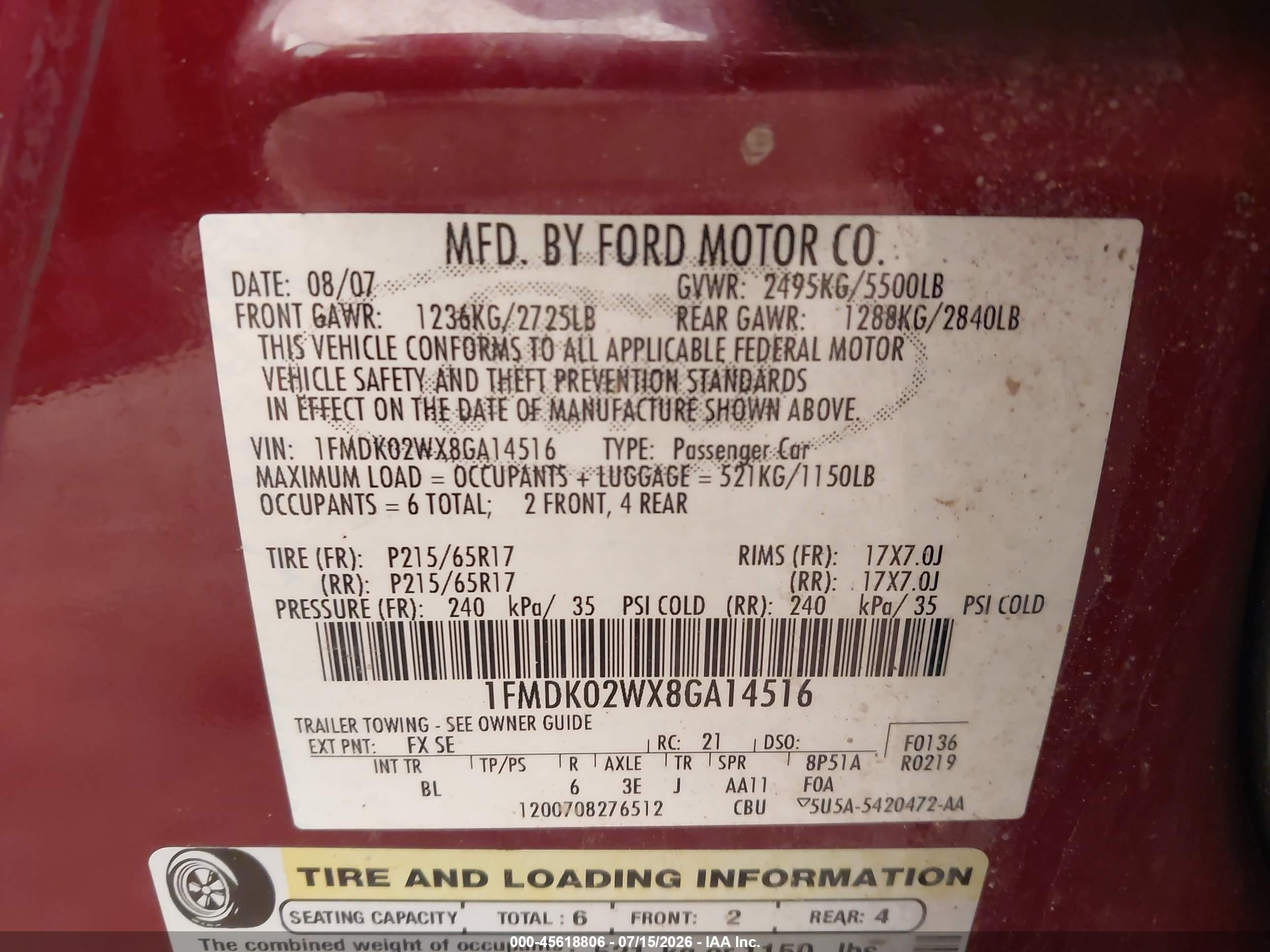 2008 Ford Taurus X Sel Red vin: 1FMDK02WX8GA14516