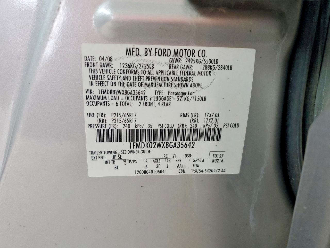 2008 Ford Taurus X Sel Silver vin: 1FMDK02WX8GA35642