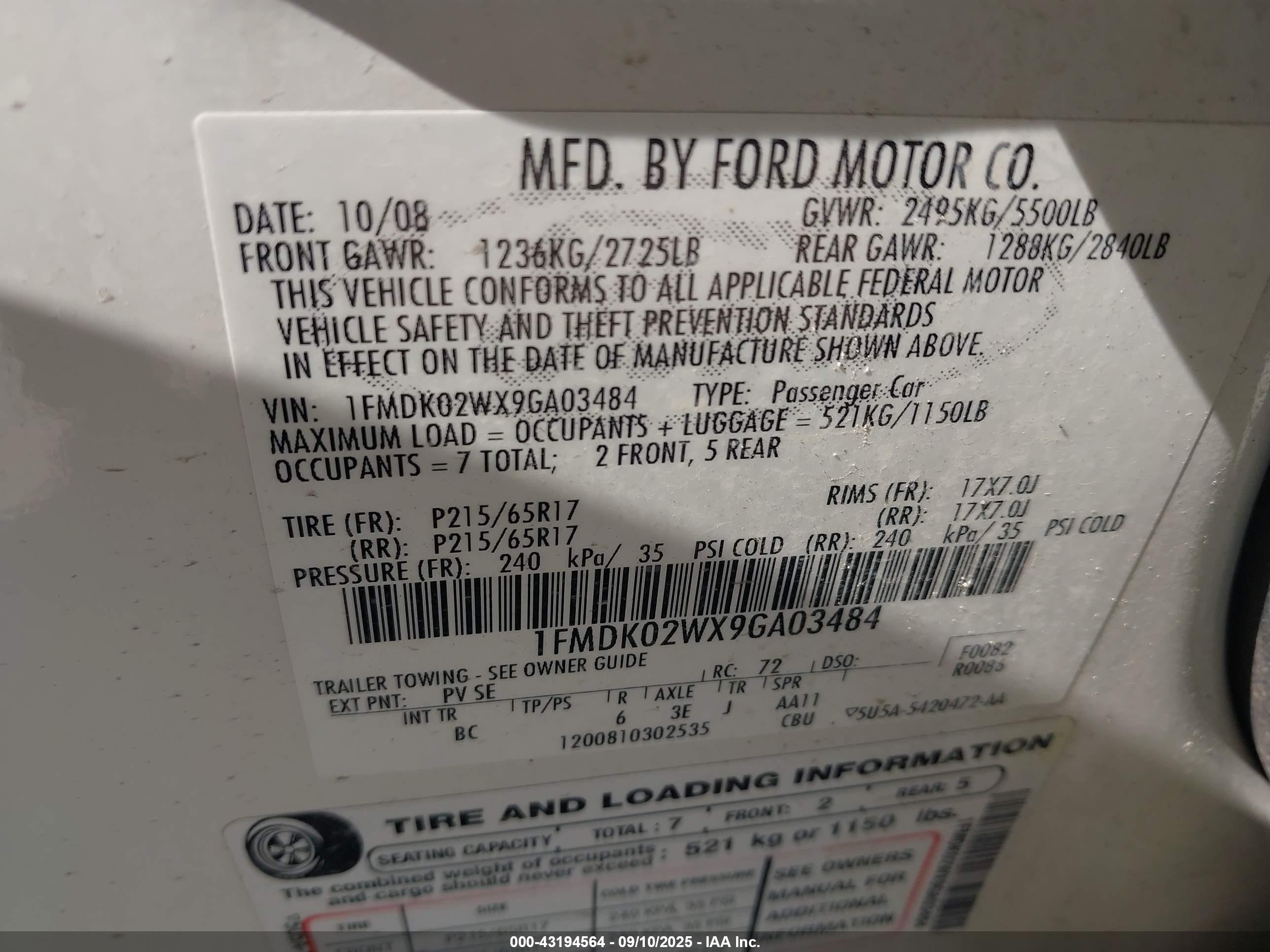 2009 Ford Taurus X Sel Cream vin: 1FMDK02WX9GA03484