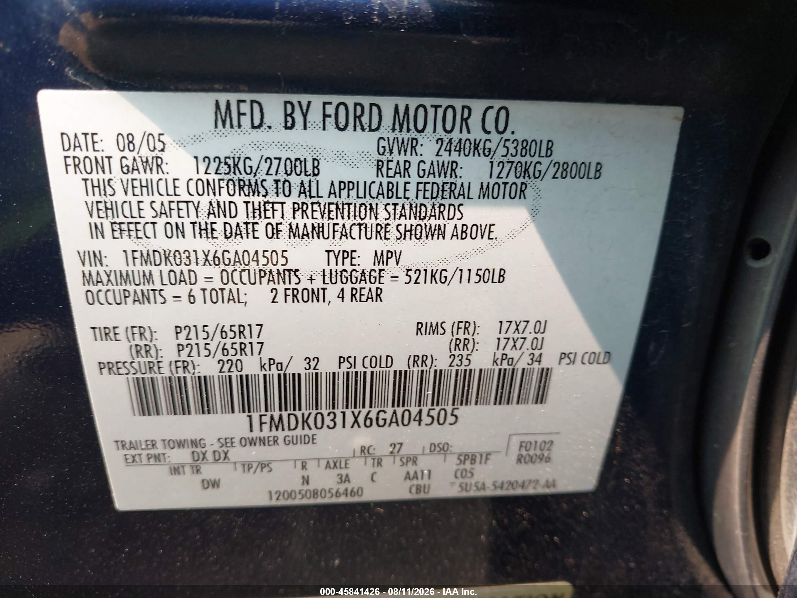 2006 Ford Freestyle Limited Blue vin: 1FMDK031X6GA04505