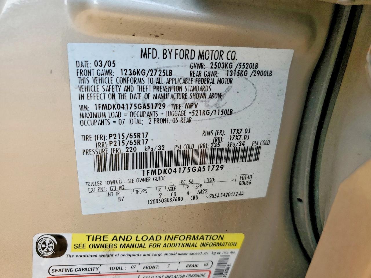 2005 Ford Freestyle Se Tan vin: 1FMDK04175GA51729