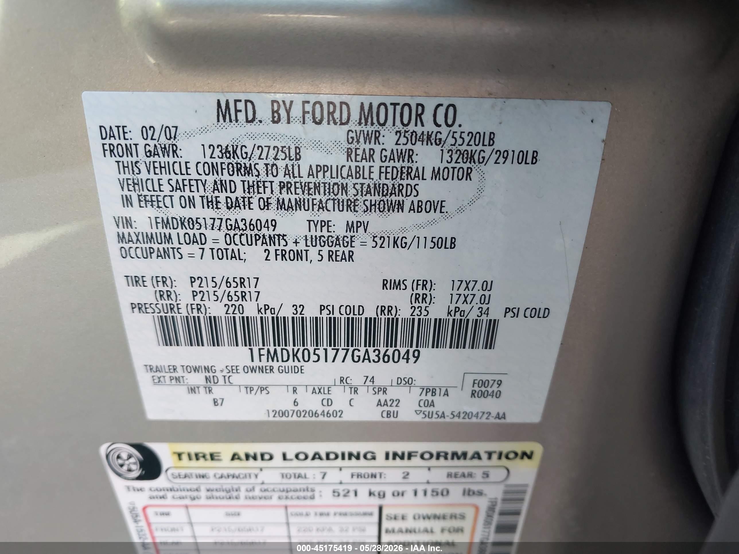 2007 Ford Freestyle Sel Gold vin: 1FMDK05177GA36049