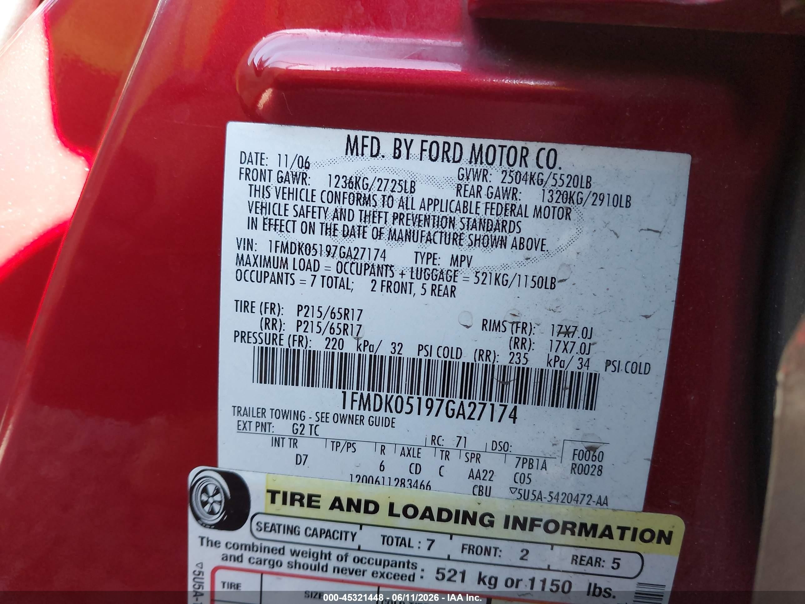 2007 Ford Freestyle Sel Red vin: 1FMDK05197GA27174