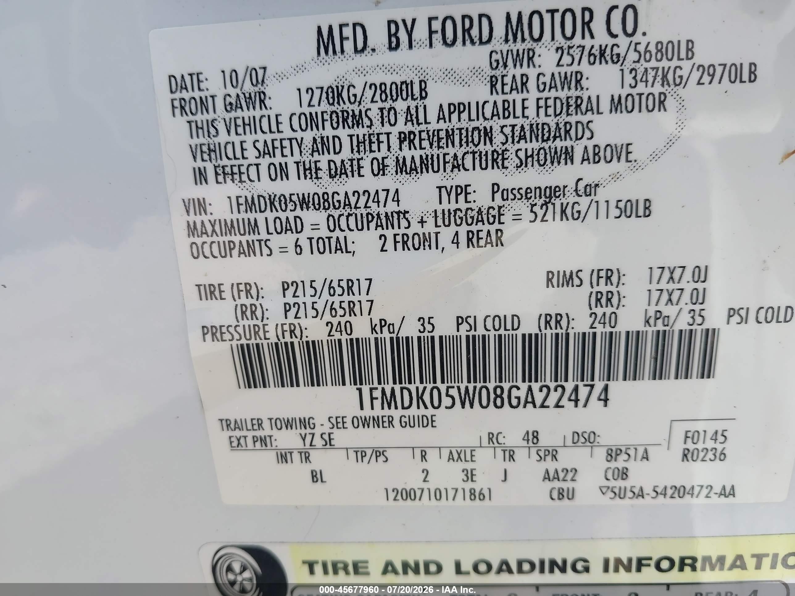 2008 Ford Taurus X Sel Белый vin: 1FMDK05W08GA22474