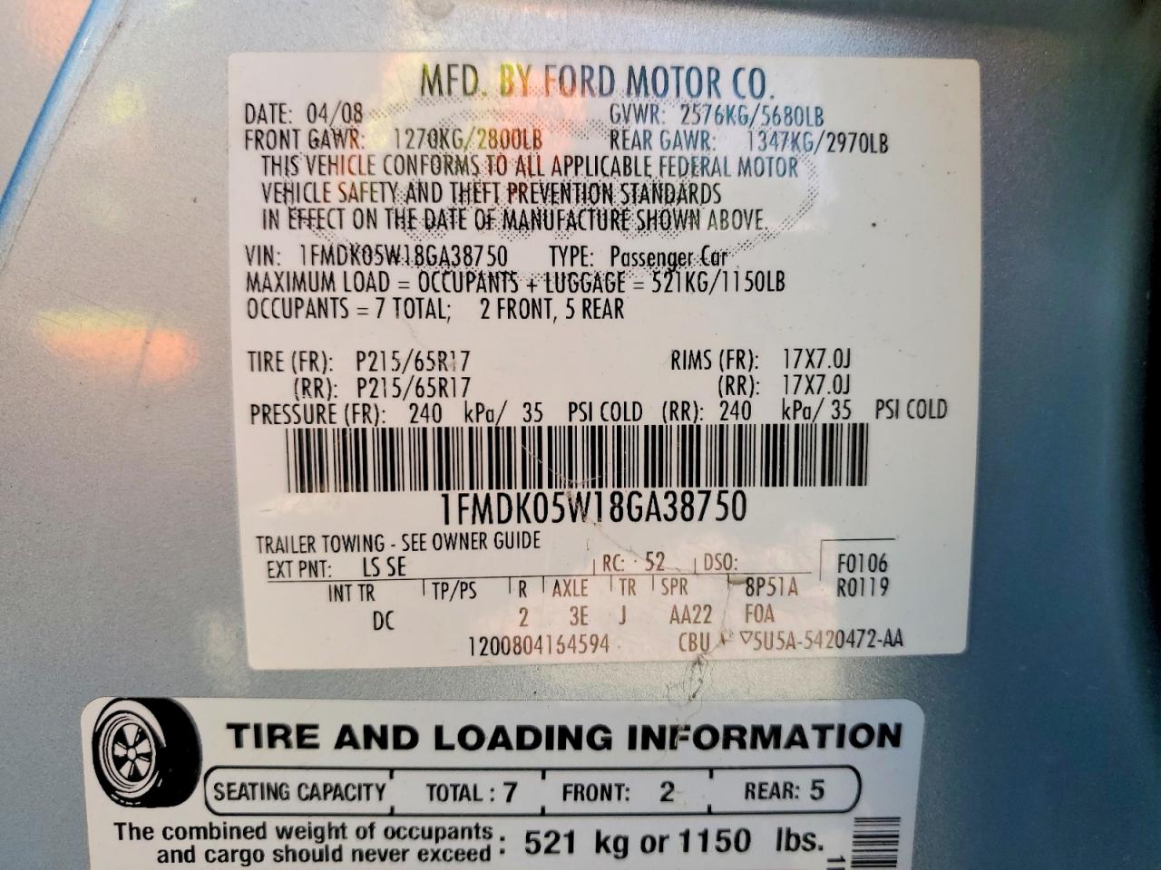 2008 Ford Taurus X Sel Turquoise vin: 1FMDK05W18GA38750