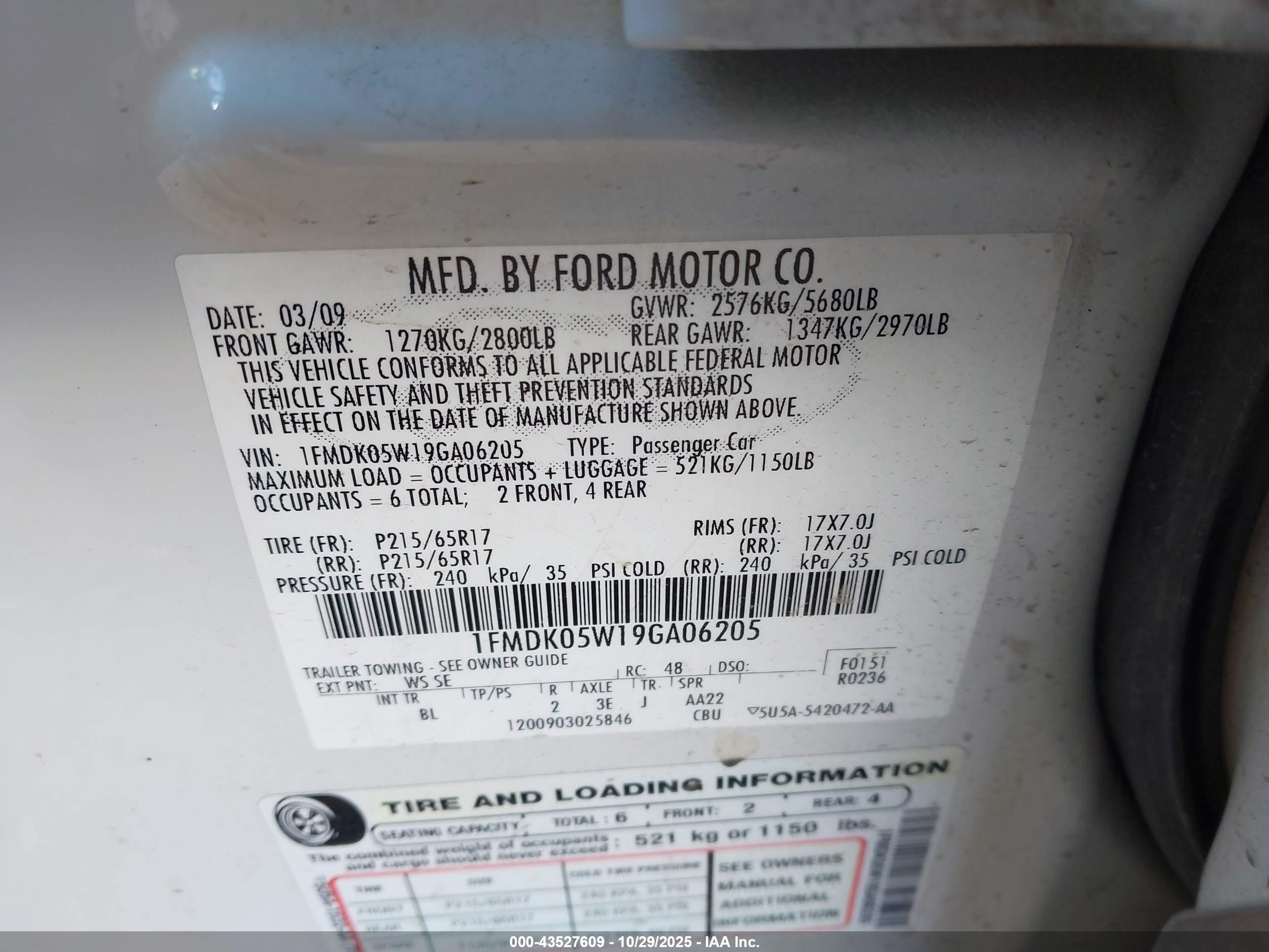 2009 Ford Taurus X Sel White vin: 1FMDK05W19GA06205