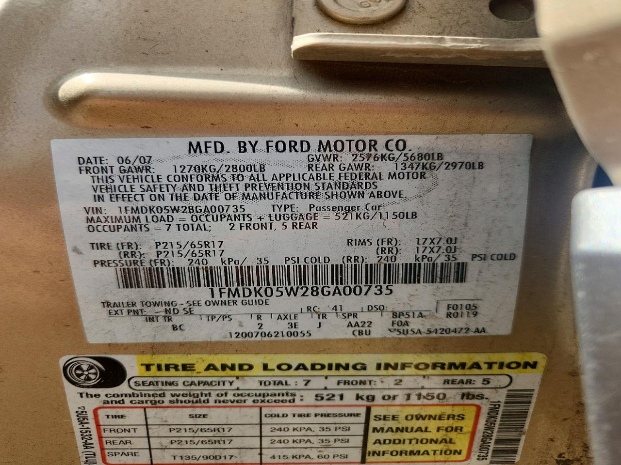 2008 Ford Taurus X Sel Tan vin: 1FMDK05W28GA00735