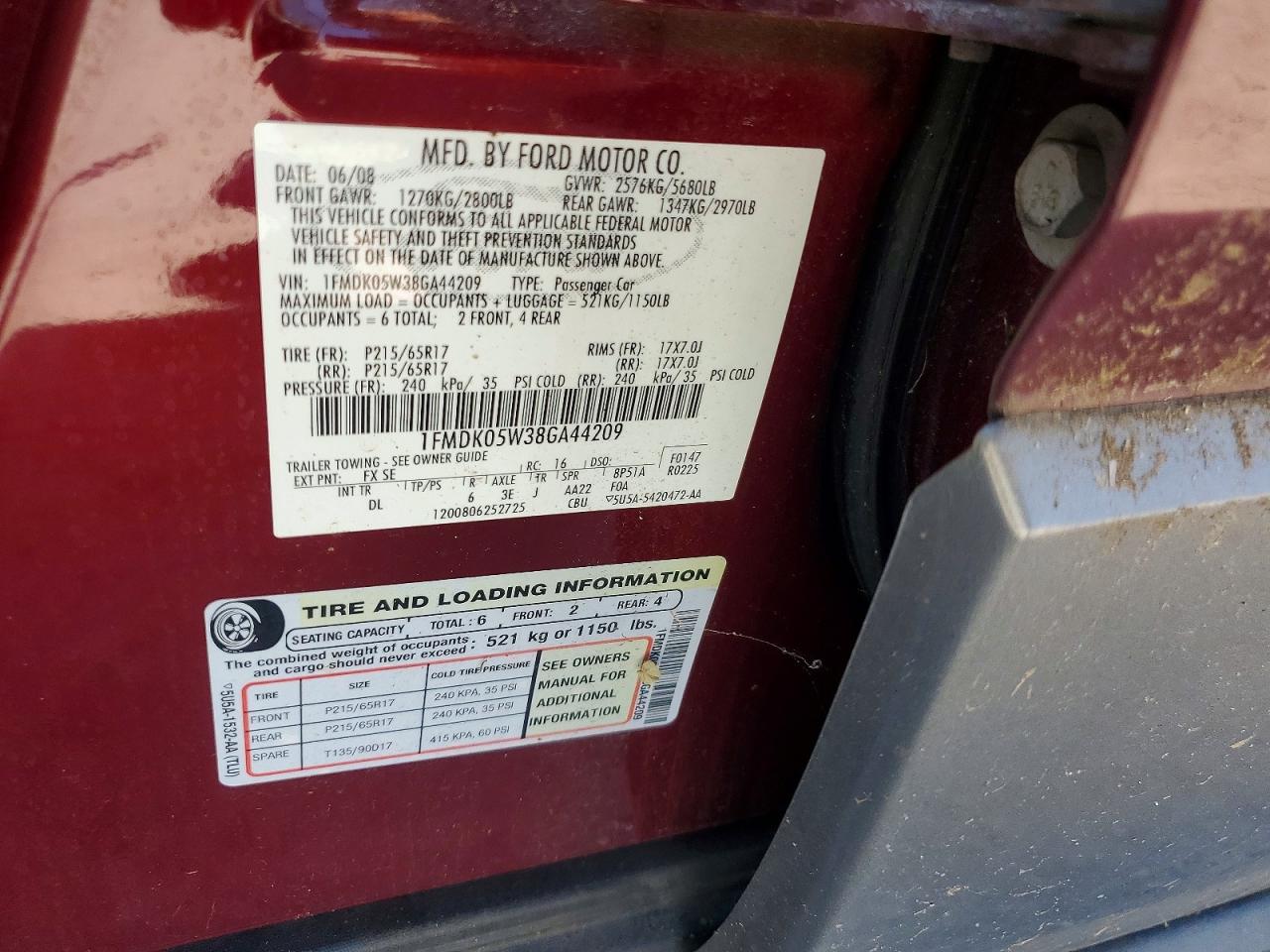 2008 Ford Taurus X Sel Burgundy vin: 1FMDK05W38GA44209