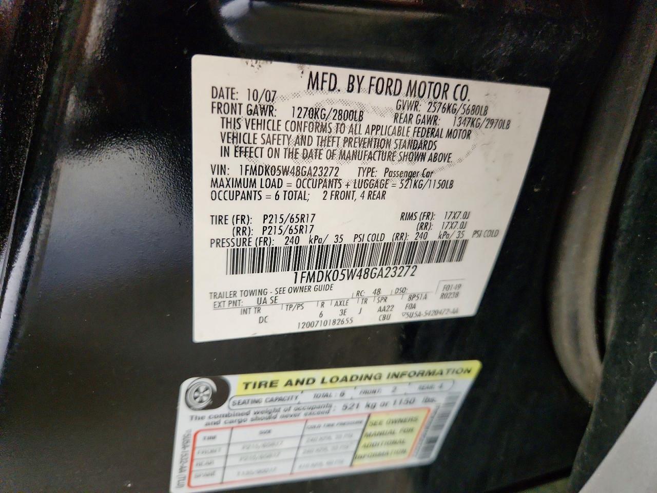 2008 Ford Taurus X Sel Black vin: 1FMDK05W48GA23272