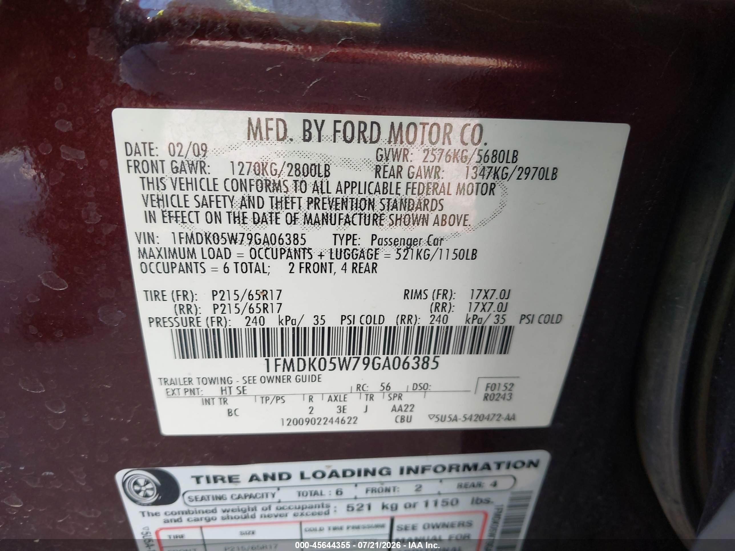 2009 Ford Taurus X Sel Maroon vin: 1FMDK05W79GA06385