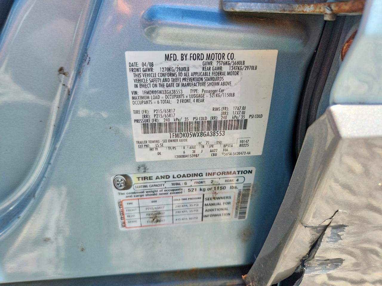 2008 Ford Taurus X Sel Blue vin: 1FMDK05WX8GA38553