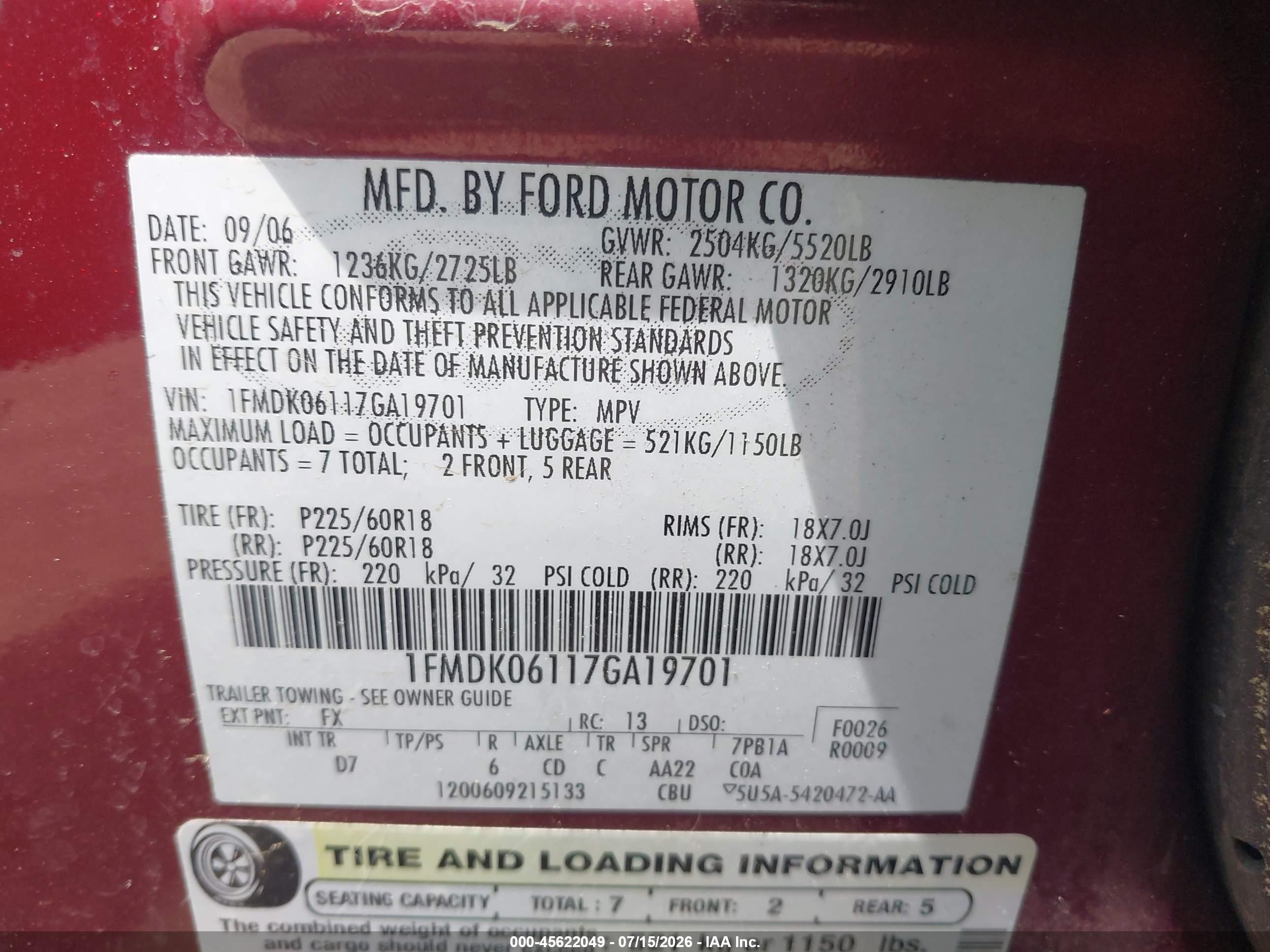 2007 Ford Freestyle Limited Red vin: 1FMDK06117GA19701