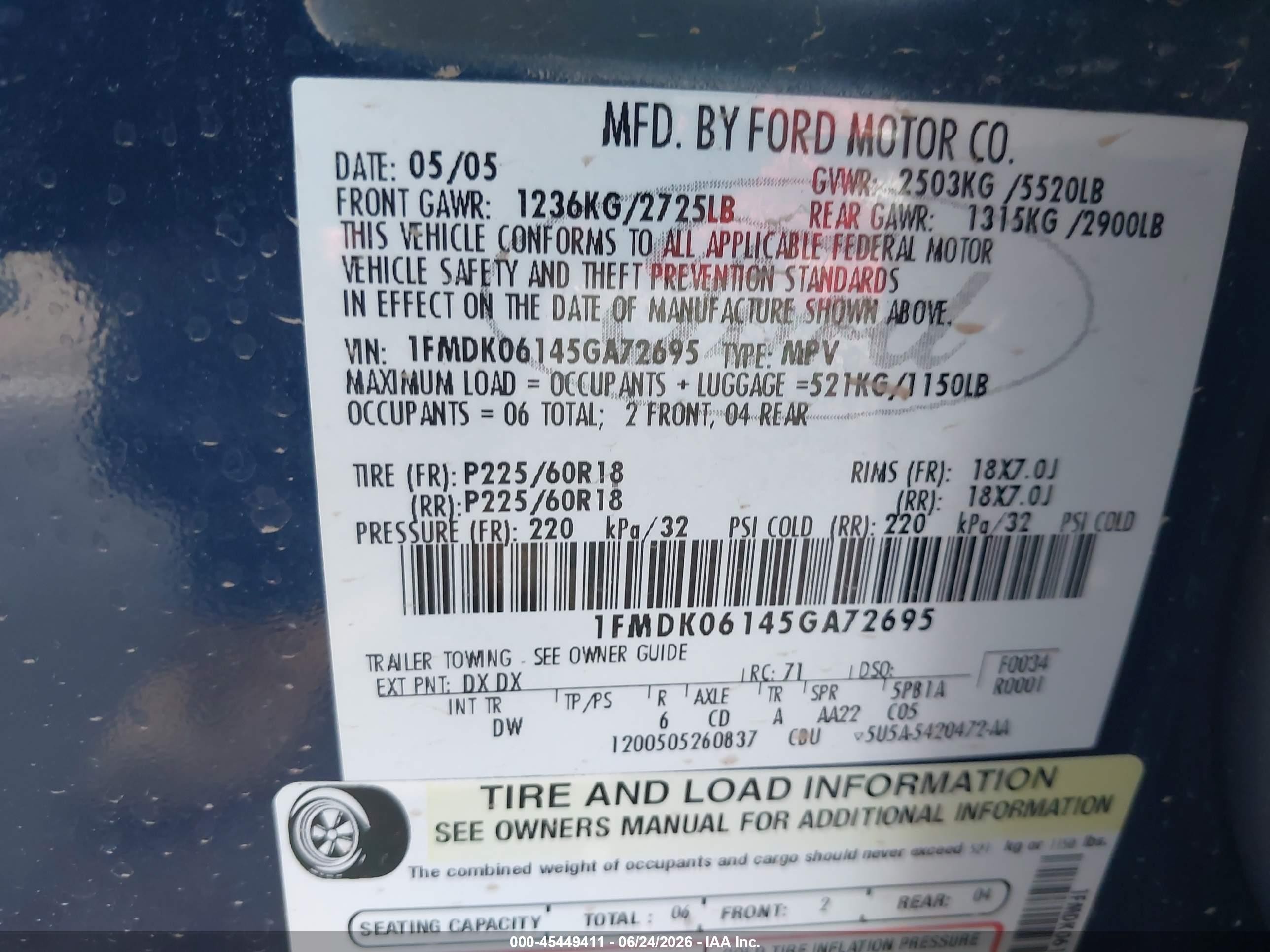 2005 Ford Freestyle Limited Blue vin: 1FMDK06145GA72695