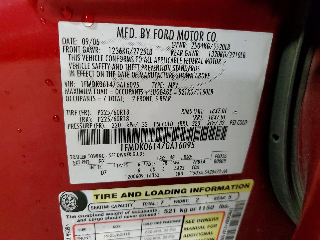 2007 Ford Freestyle Limited Red vin: 1FMDK06147GA16095
