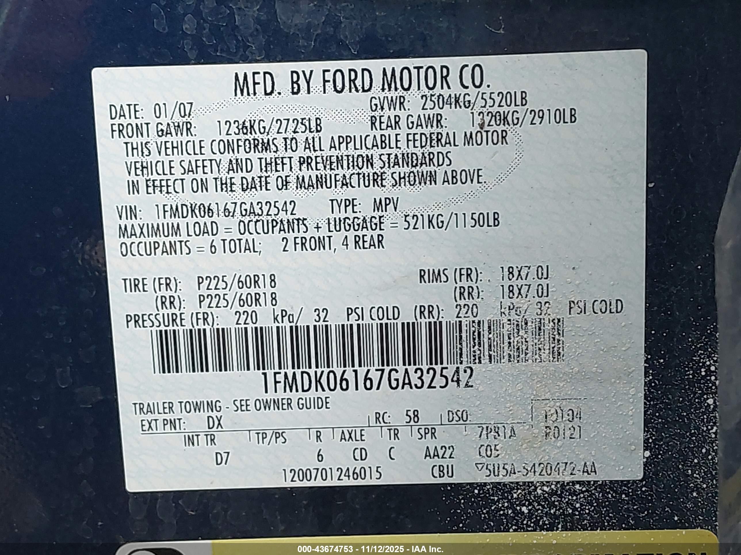 2007 Ford Freestyle Limited Dark Blue vin: 1FMDK06167GA32542