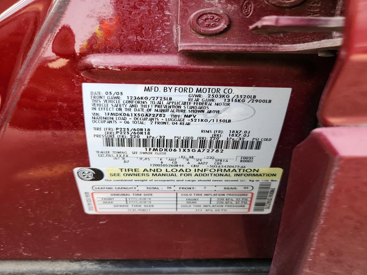 2005 Ford Freestyle Limited Burgundy vin: 1FMDK061X5GA72782