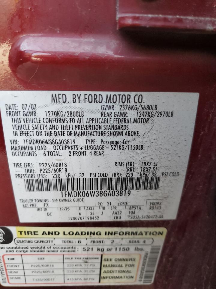 2008 Ford Taurus X Limited Burgundy vin: 1FMDK06W38GA03819
