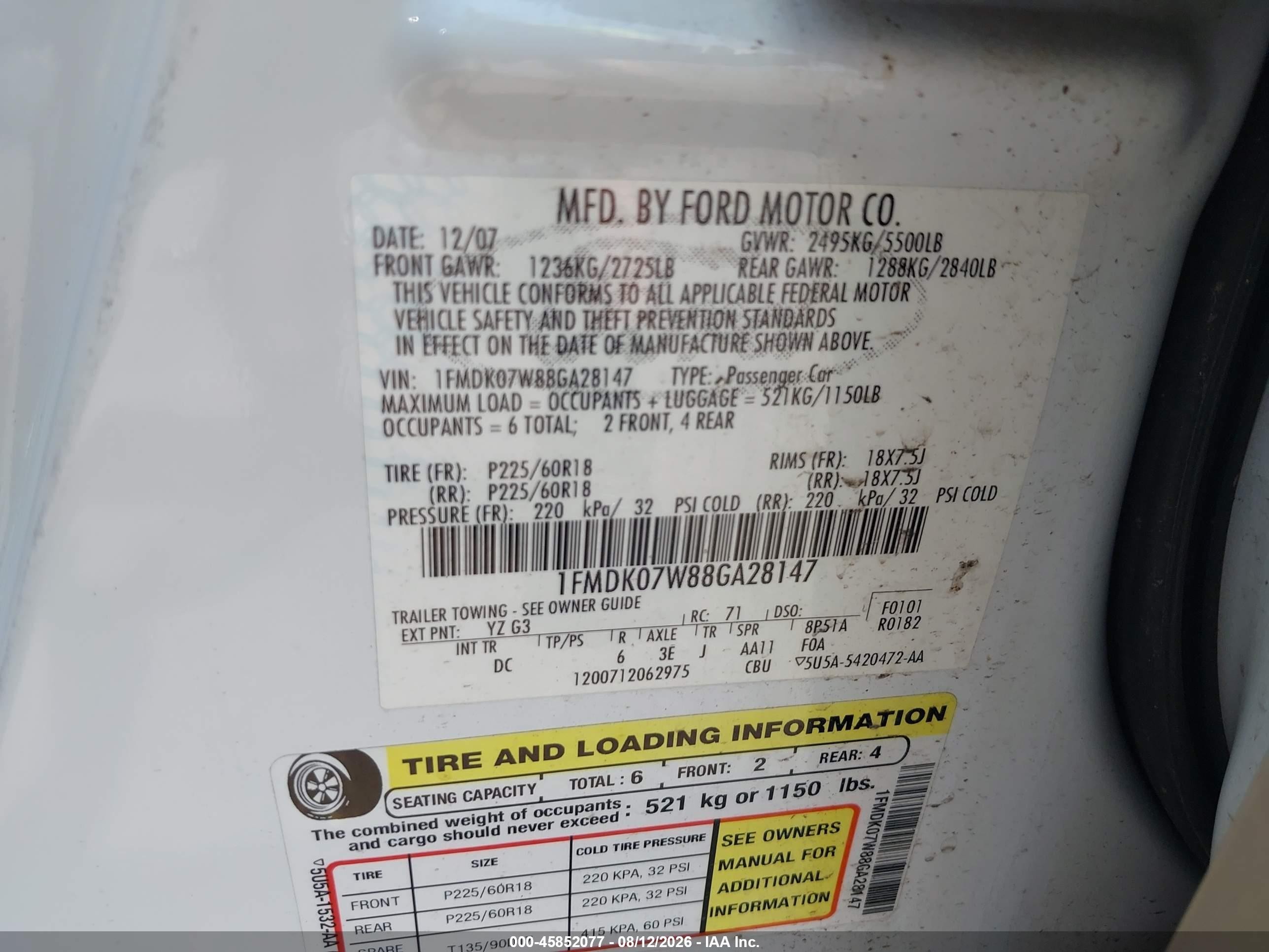 2008 Ford Taurus X Eddie Bauer White vin: 1FMDK07W88GA28147