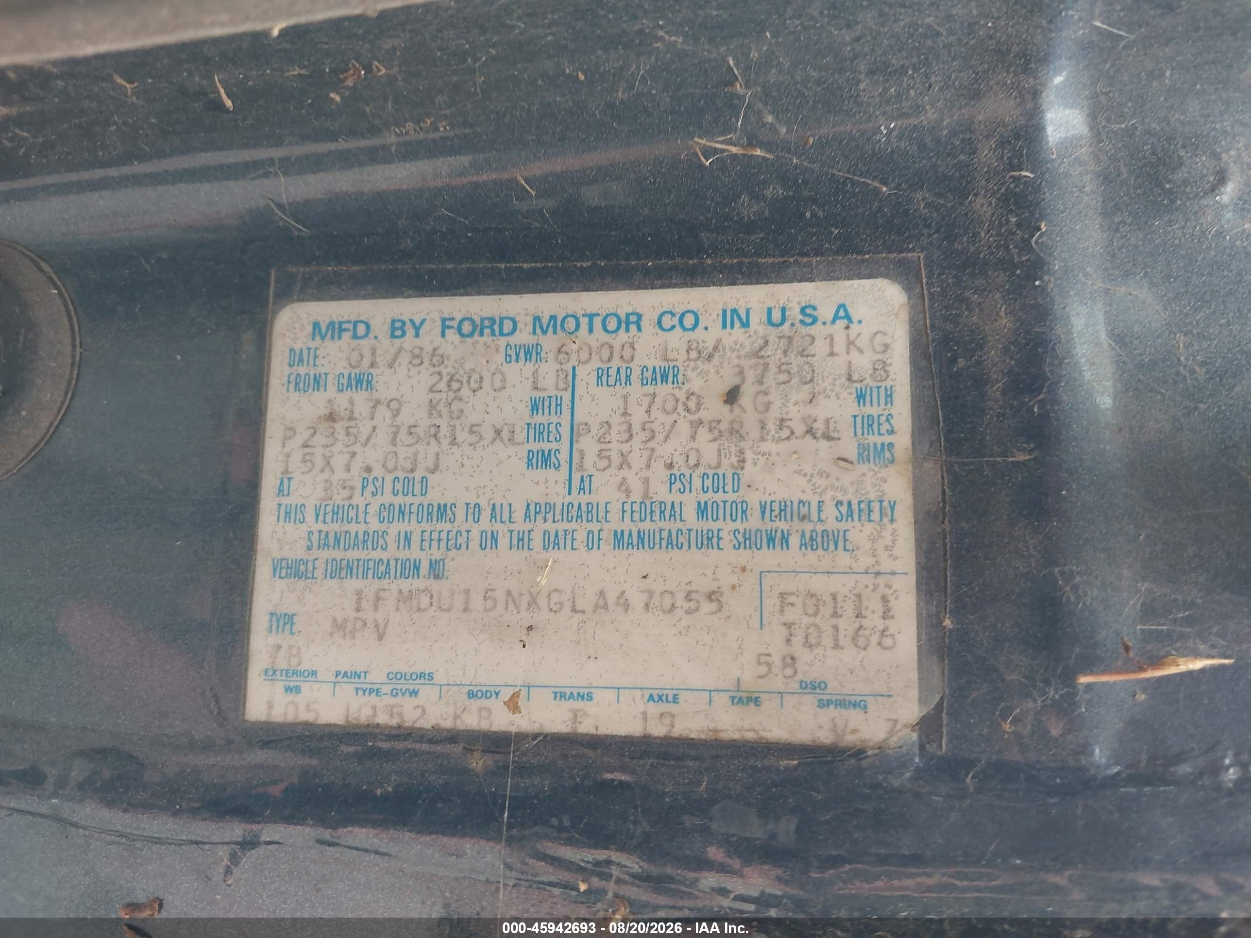 1986 Ford Bronco U100 Blue vin: 1FMDU15NXGLA47055
