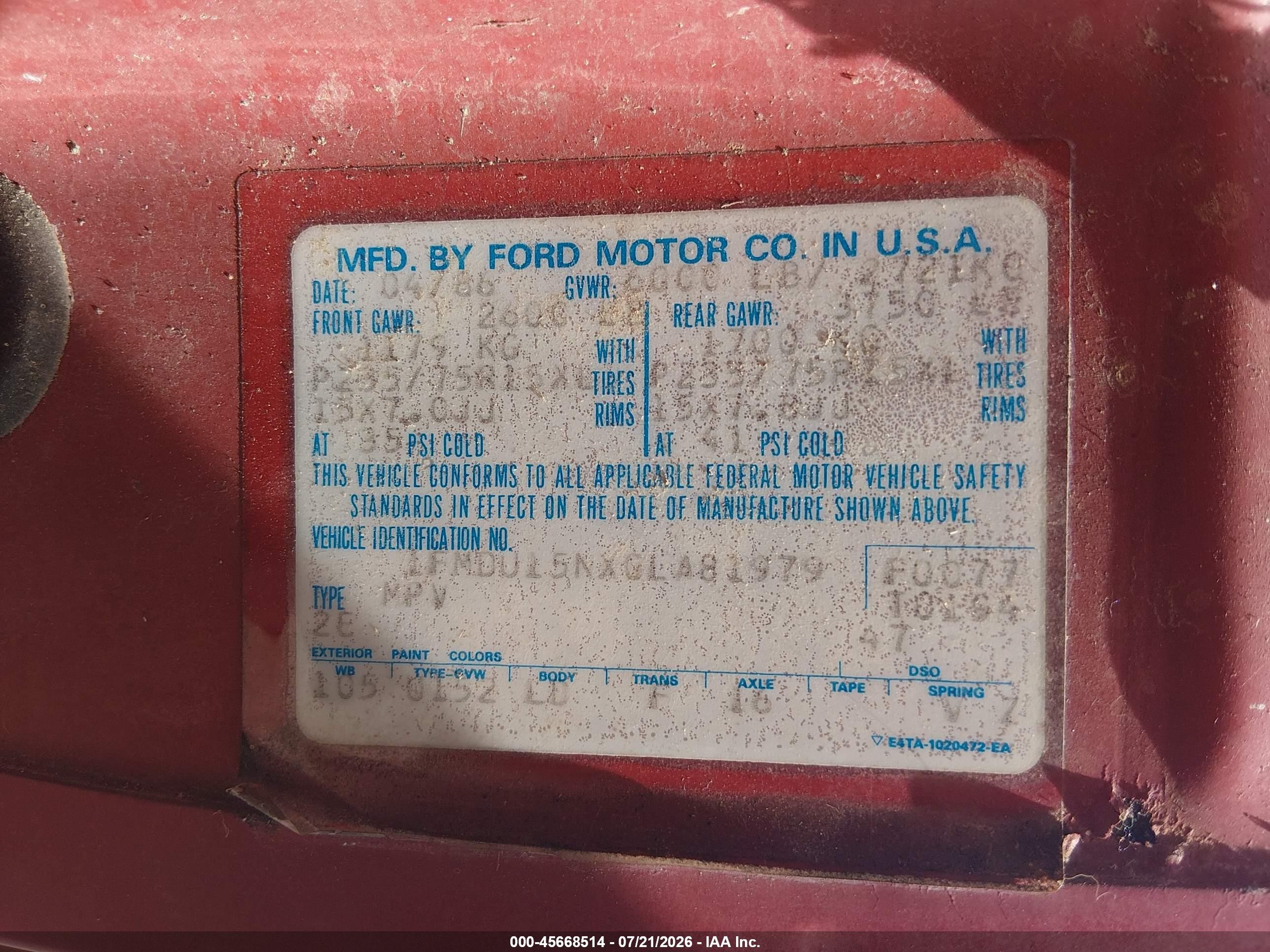 1986 Ford Bronco U100 Red vin: 1FMDU15NXGLA81979