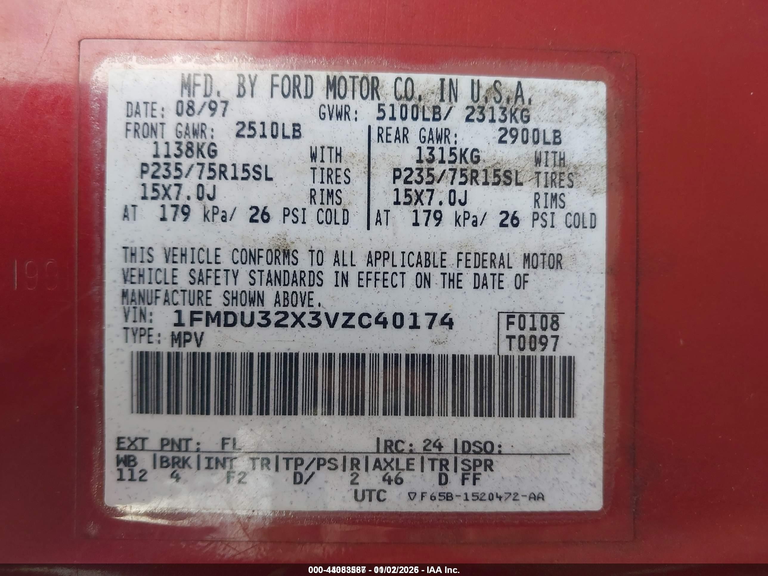 1997 Ford Explorer Eddie Bauer/limited/xl/xlt Red vin: 1FMDU32X3VZC40174