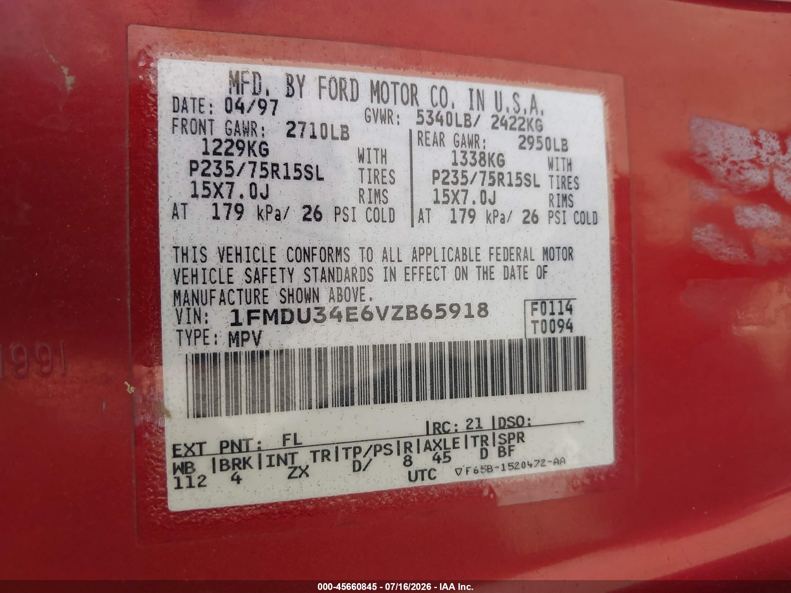 1997 Ford Explorer Eddie Bauer/limited/xl/xlt Red vin: 1FMDU34E6VZB65918