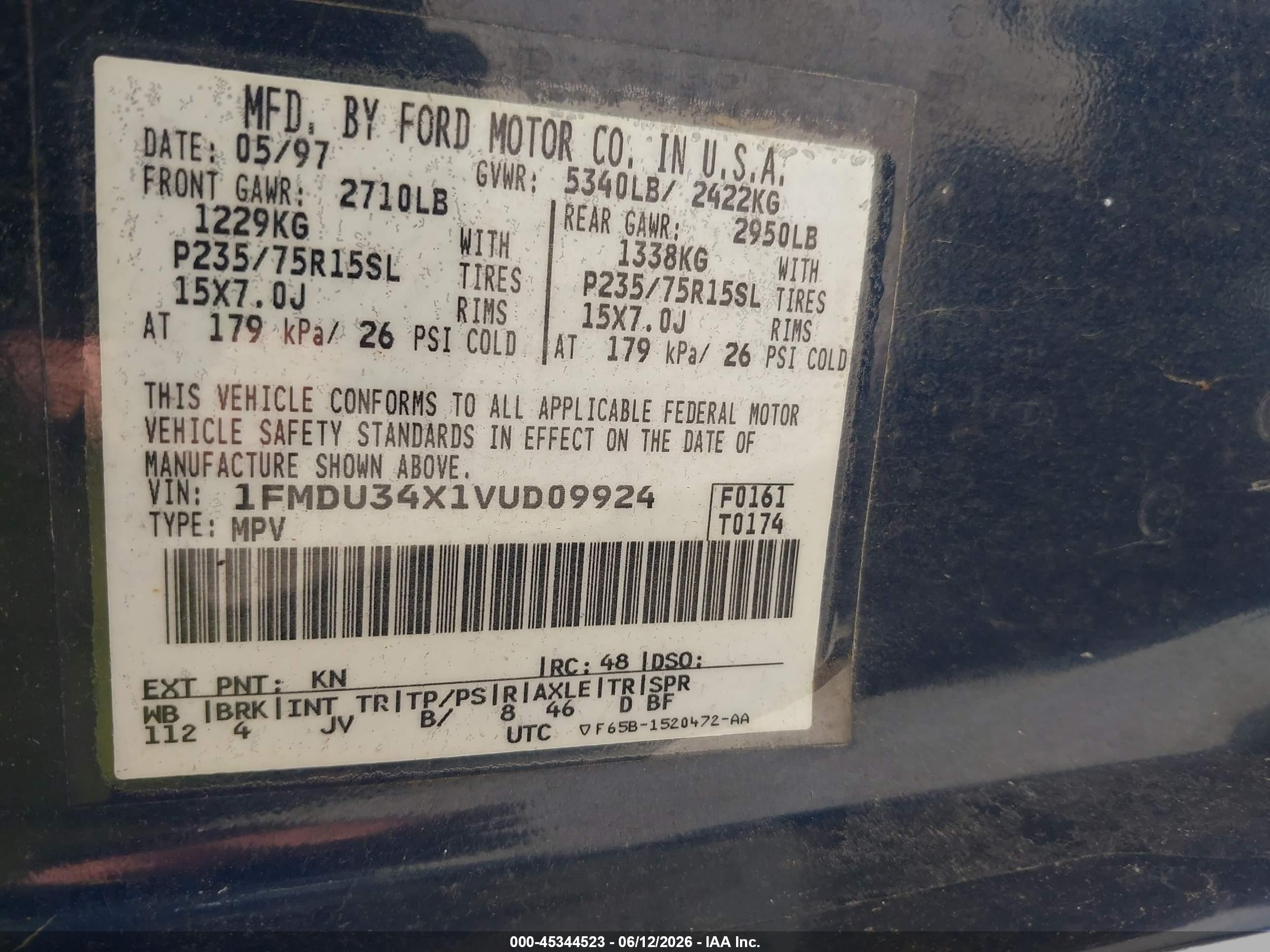 1997 Ford Explorer Eddie Bauer/limited/xl/xlt Blue vin: 1FMDU34X1VUD09924