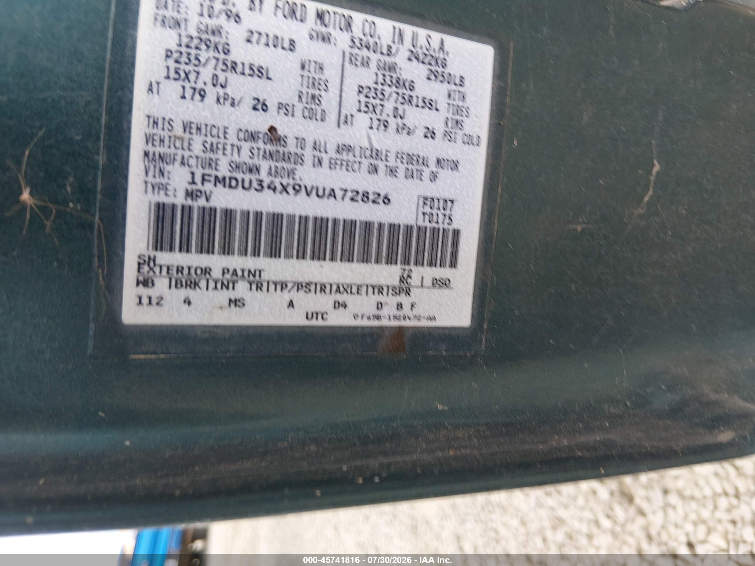 1997 Ford Explorer Eddie Bauer/limited/xl/xlt Green vin: 1FMDU34X9VUA72826