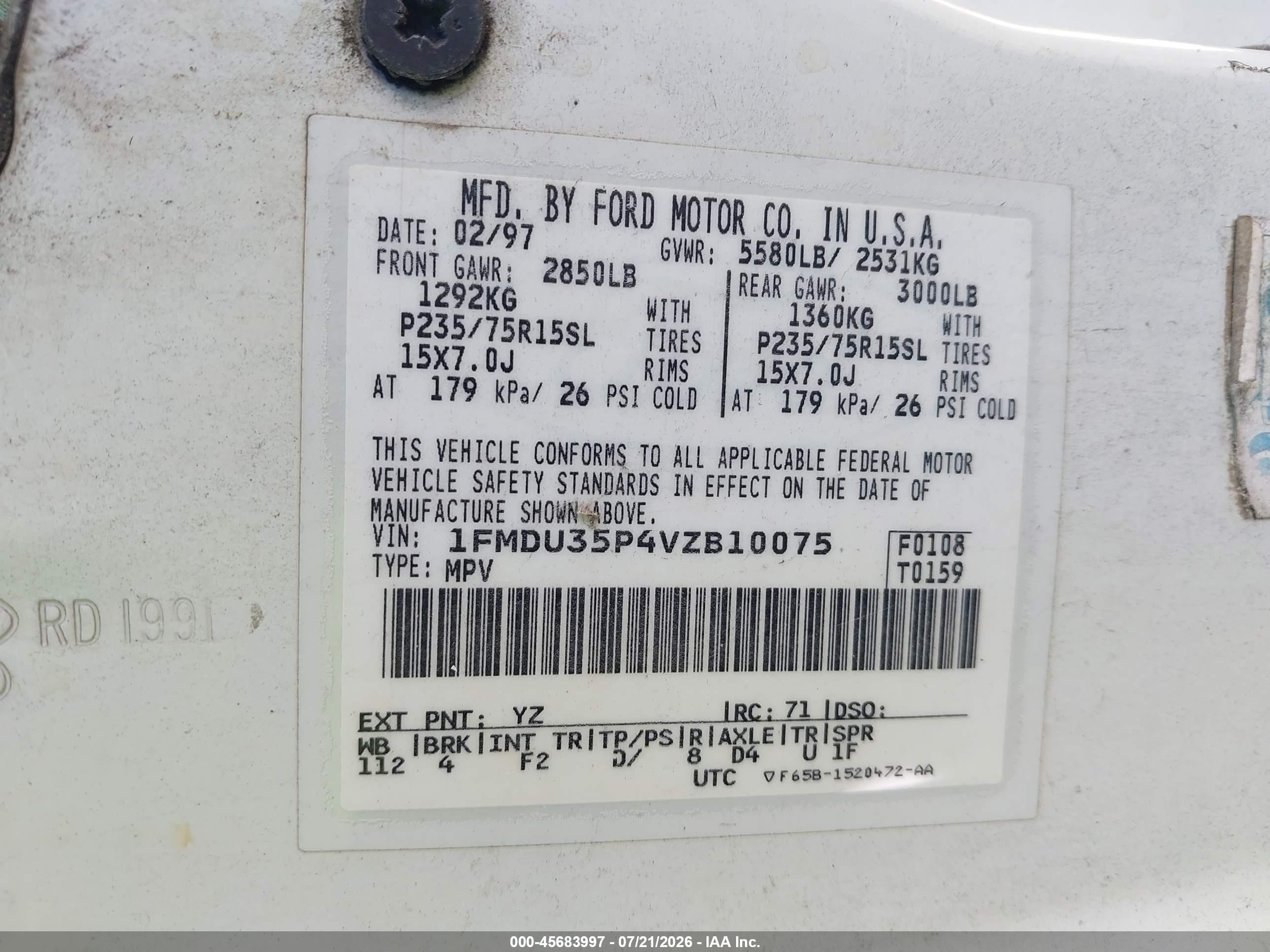 1997 Ford Explorer   Белый vin: 1FMDU35P4VZB10075