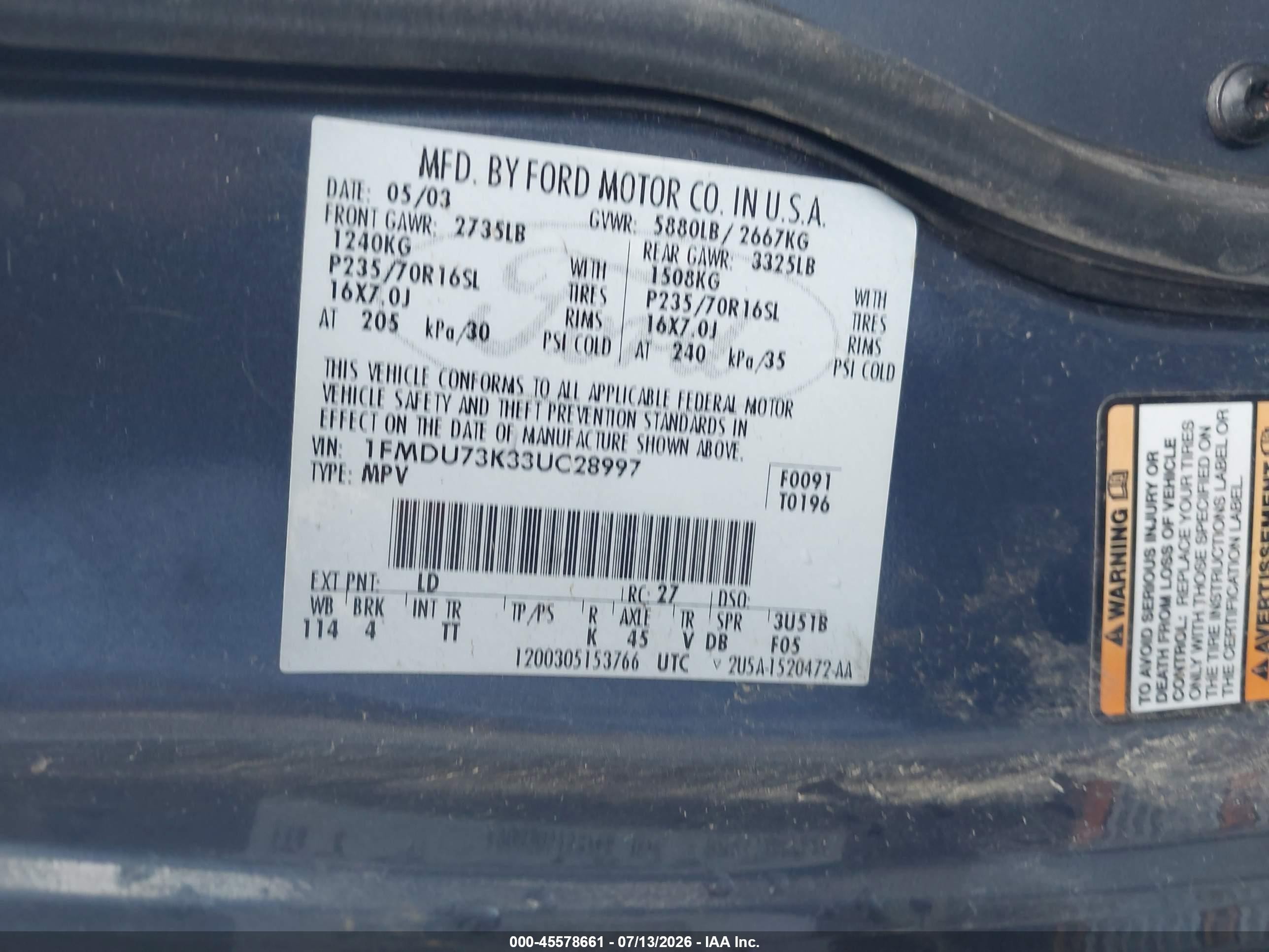 2003 Ford Explorer   Blue vin: 1FMDU73K33UC28997