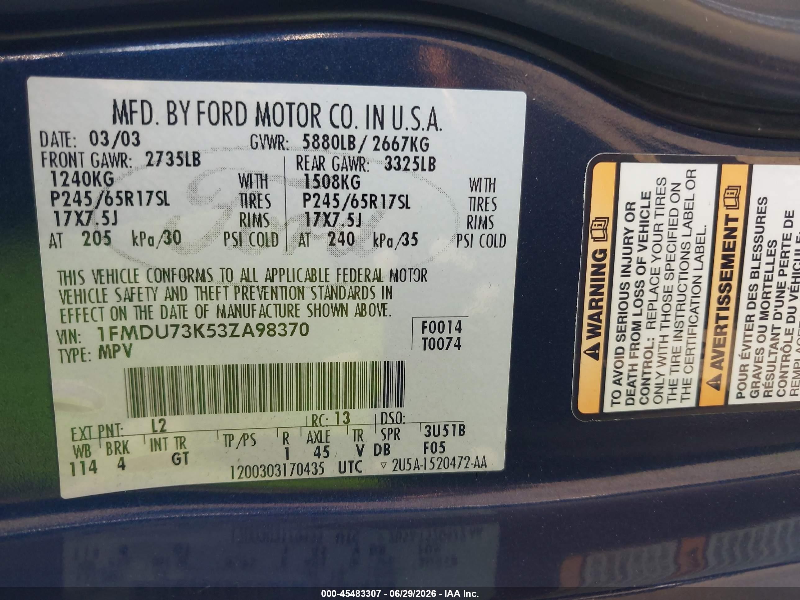 2003 Ford Explorer Nbx/xlt Dark Blue vin: 1FMDU73K53ZA98370