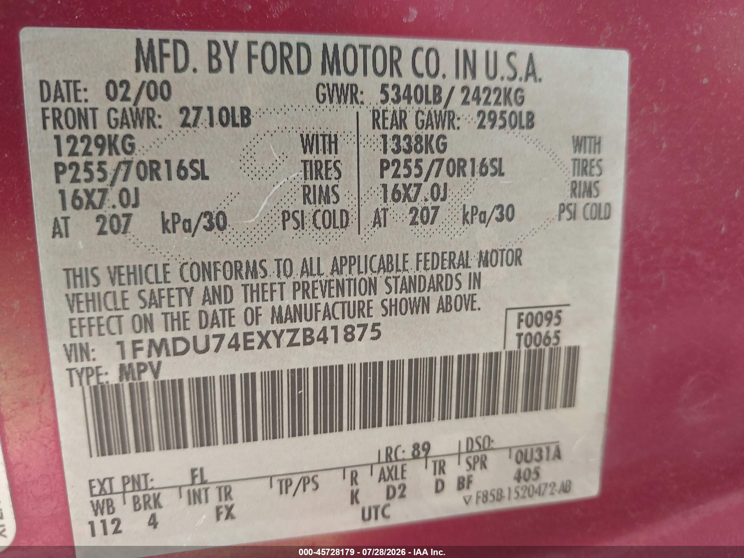 2000 Ford Explorer Eddie Bauer Burgundy vin: 1FMDU74EXYZB41875
