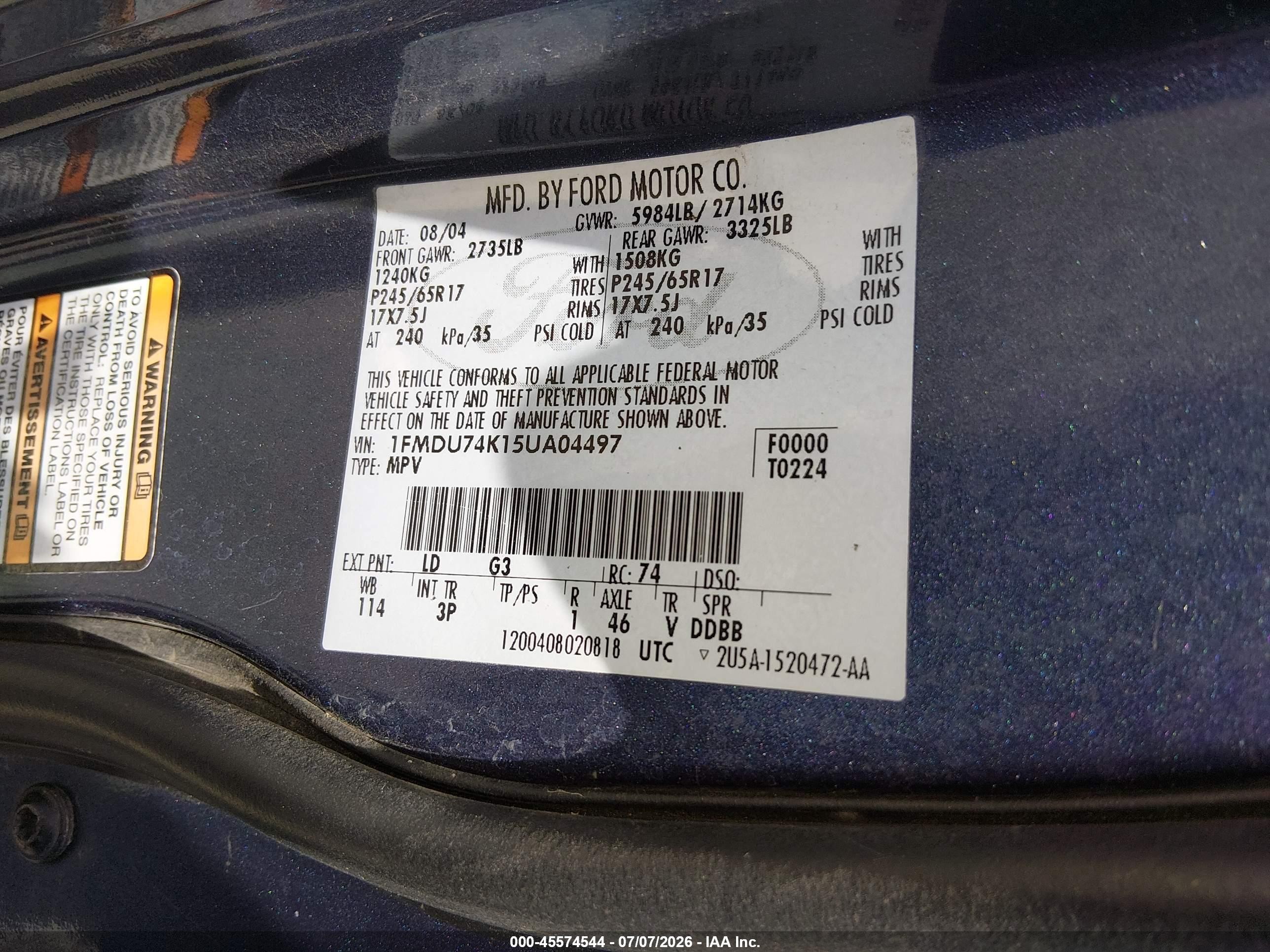2005 Ford Explorer Eddie Bauer Blue vin: 1FMDU74K15UA04497