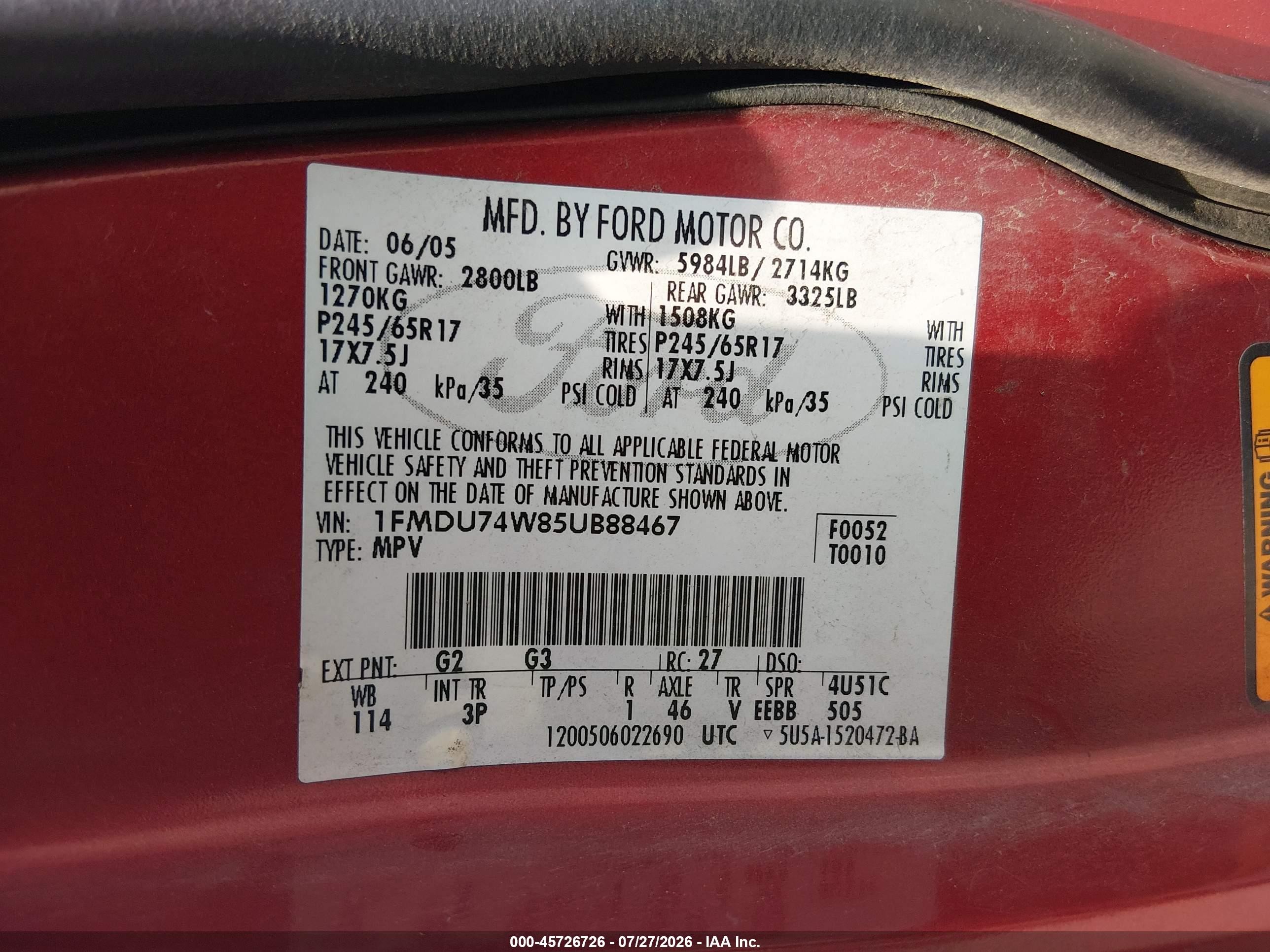 2005 Ford Explorer Eddie Bauer Red vin: 1FMDU74W85UB88467