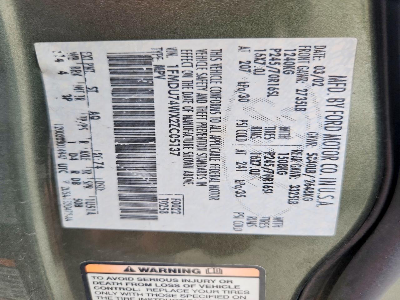 2002 Ford Explorer Eddie Bauer Green vin: 1FMDU74WX2ZC05137
