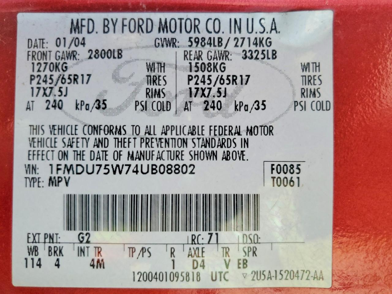 2004 Ford Explorer Limited Красный vin: 1FMDU75W74UB08802
