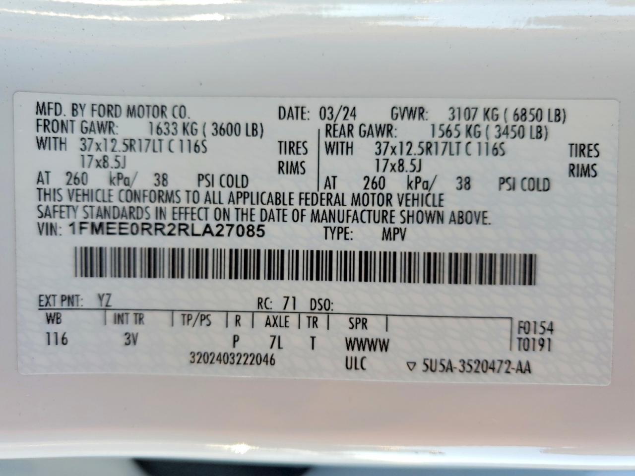 2024 Ford Bronco Raptor White vin: 1FMEE0RR2RLA27085