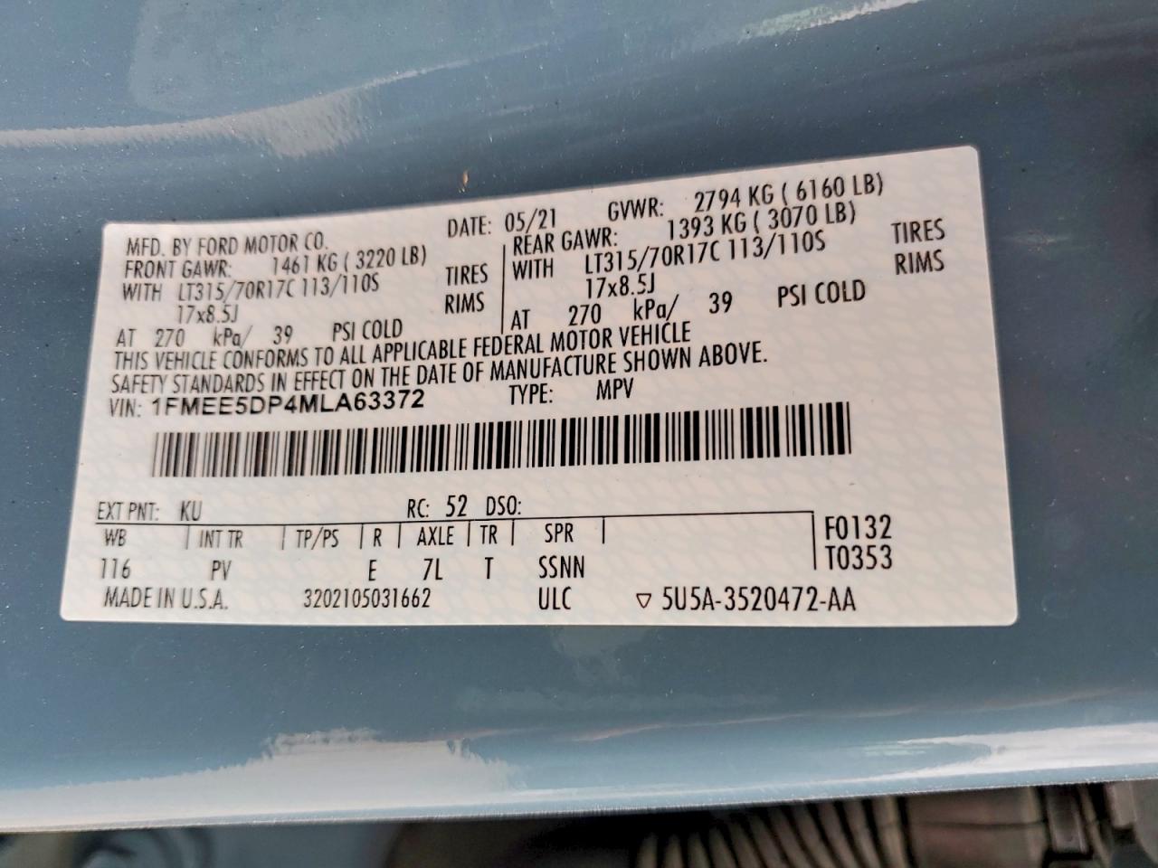 2021 Ford Bronco Base Blue vin: 1FMEE5DP4MLA63372